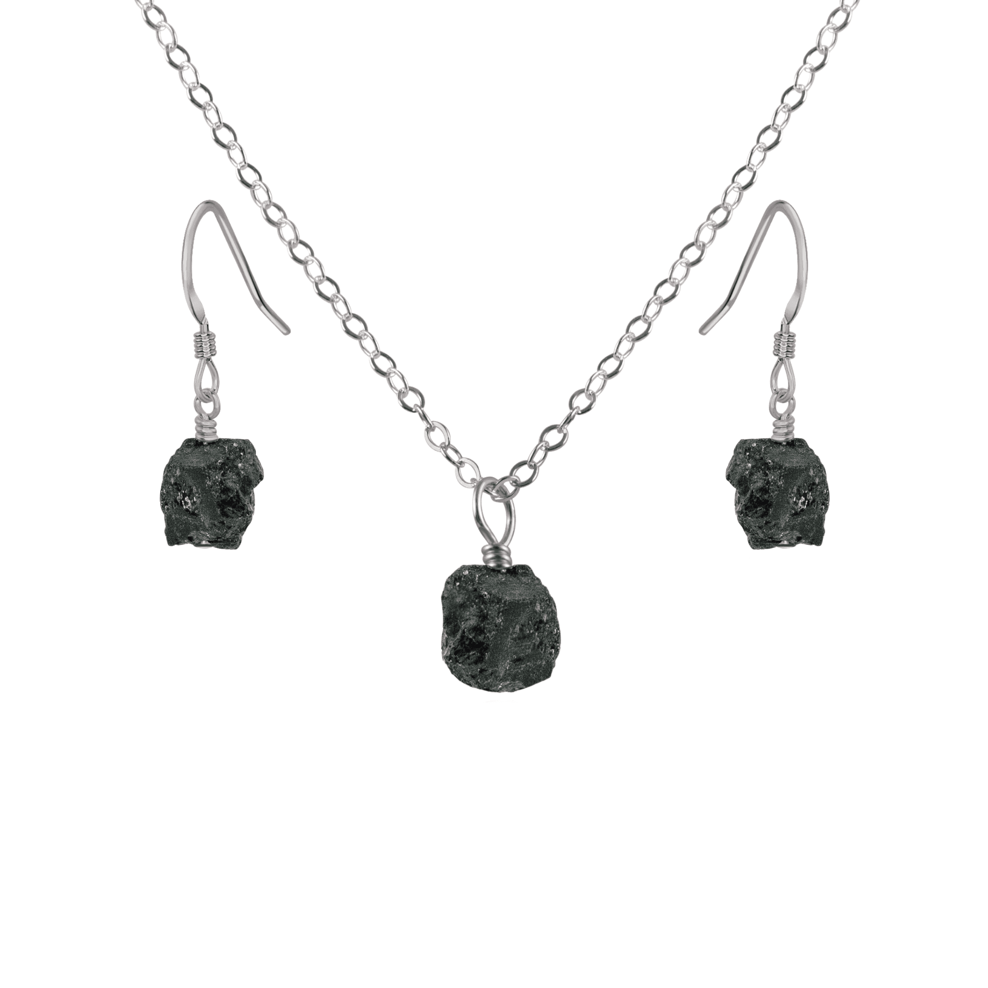Raw Black Tourmaline Crystal Earrings & Necklace Set - Raw Black Tourmaline Crystal Earrings & Necklace Set - Stainless Steel / Cable - Luna Tide Handmade Crystal Jewellery