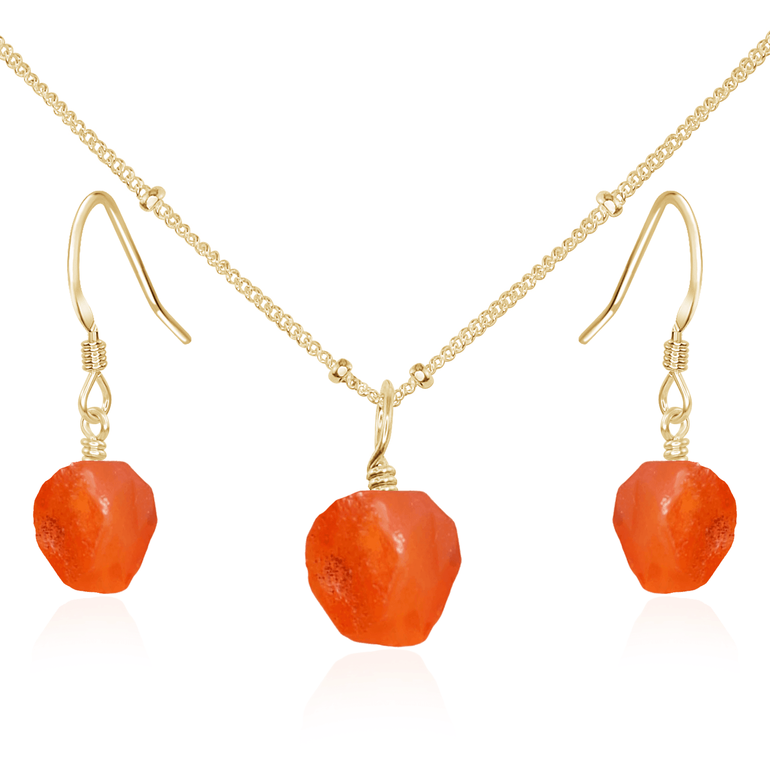 Raw Carnelian Crystal Jewellery Set - Raw Carnelian Crystal Jewellery Set - 14k Gold Fill / Satellite / Necklace & Earrings - Luna Tide Handmade Crystal Jewellery