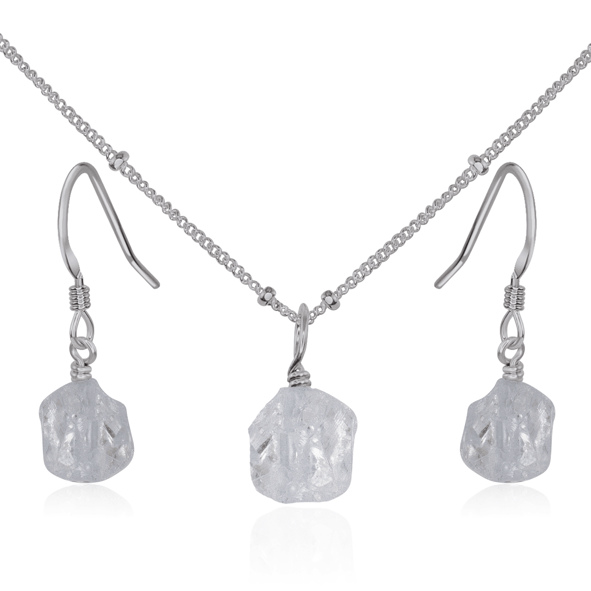Raw Crystal Quartz Jewellery Set - Raw Crystal Quartz Jewellery Set - Stainless Steel / Satellite / Necklace & Earrings - Luna Tide Handmade Crystal Jewellery