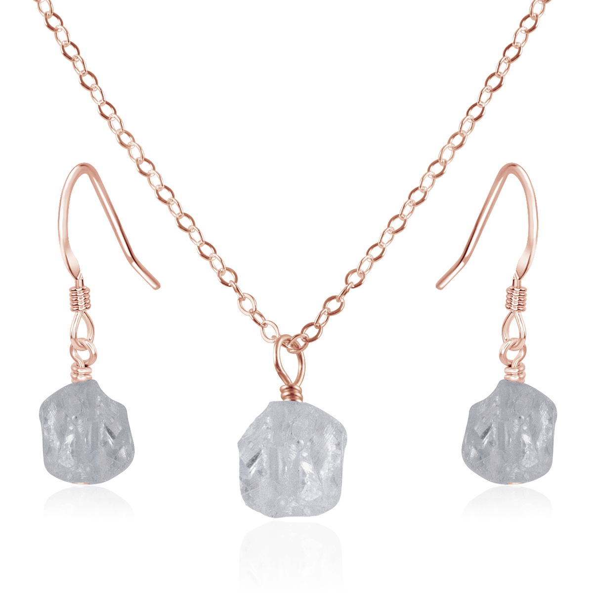 Raw Crystal Quartz Jewellery Set - Raw Crystal Quartz Jewellery Set - 14k Rose Gold Fill / Cable / Necklace & Earrings - Luna Tide Handmade Crystal Jewellery