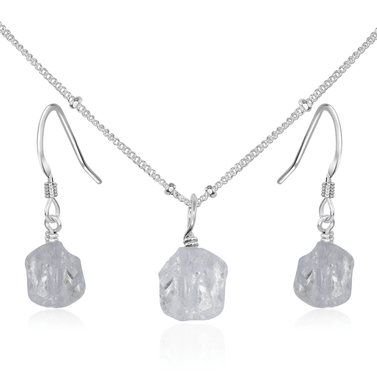 Raw Crystal Quartz Jewellery Set - Raw Crystal Quartz Jewellery Set - Sterling Silver / Satellite / Necklace & Earrings - Luna Tide Handmade Crystal Jewellery