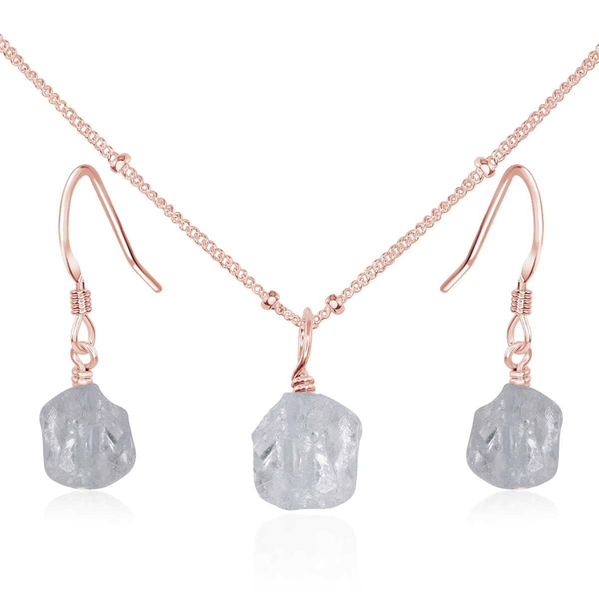 Raw Crystal Quartz Jewellery Set - Raw Crystal Quartz Jewellery Set - 14k Rose Gold Fill / Satellite / Necklace & Earrings - Luna Tide Handmade Crystal Jewellery
