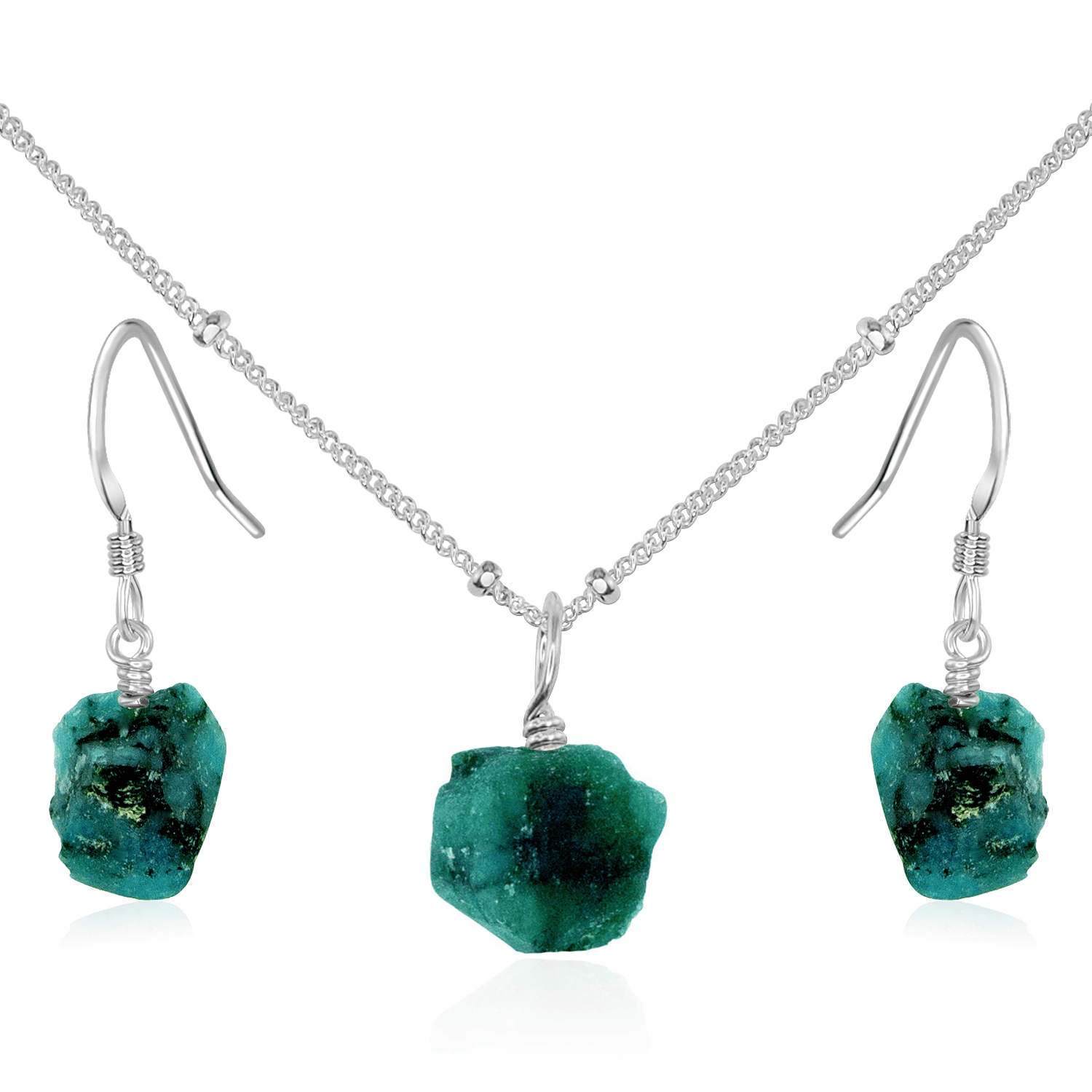 Raw Emerald Crystal Jewellery Set - Raw Emerald Crystal Jewellery Set - Sterling Silver / Satellite / Necklace & Earrings - Luna Tide Handmade Crystal Jewellery