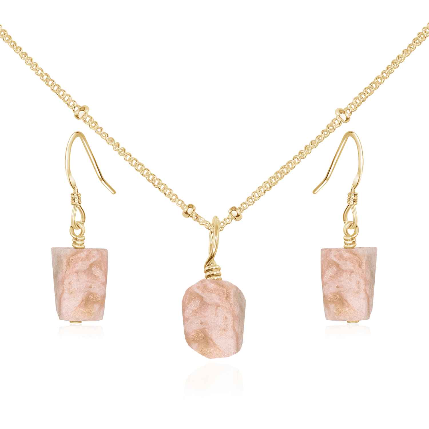Raw Pink Peruvian Opal Crystal Jewellery Set - Raw Pink Peruvian Opal Crystal Jewellery Set - 14k Gold Fill / Satellite / Necklace & Earrings - Luna Tide Handmade Crystal Jewellery