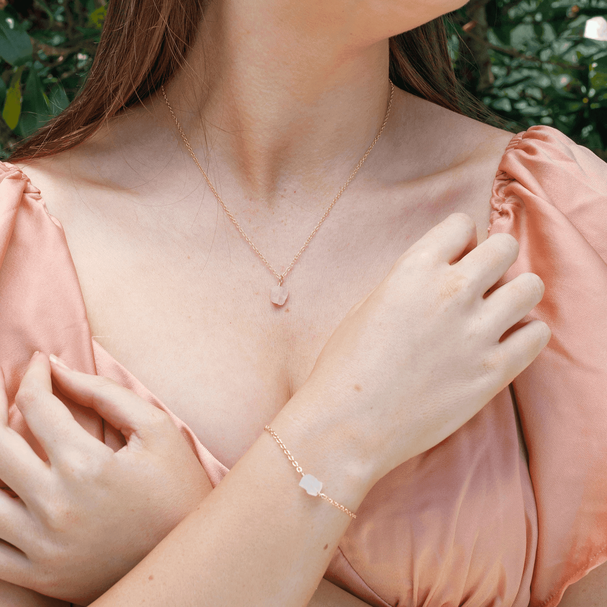 Raw Rose Quartz Crystal Necklace & Bracelet Set - Raw Rose Quartz Crystal Necklace & Bracelet Set - 14k Gold Fill - Luna Tide Handmade Crystal Jewellery