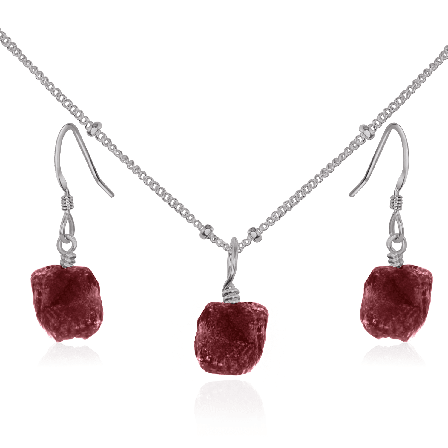 Raw Ruby Crystal Jewellery Set - Raw Ruby Crystal Jewellery Set - Stainless Steel / Satellite / Necklace & Earrings - Luna Tide Handmade Crystal Jewellery