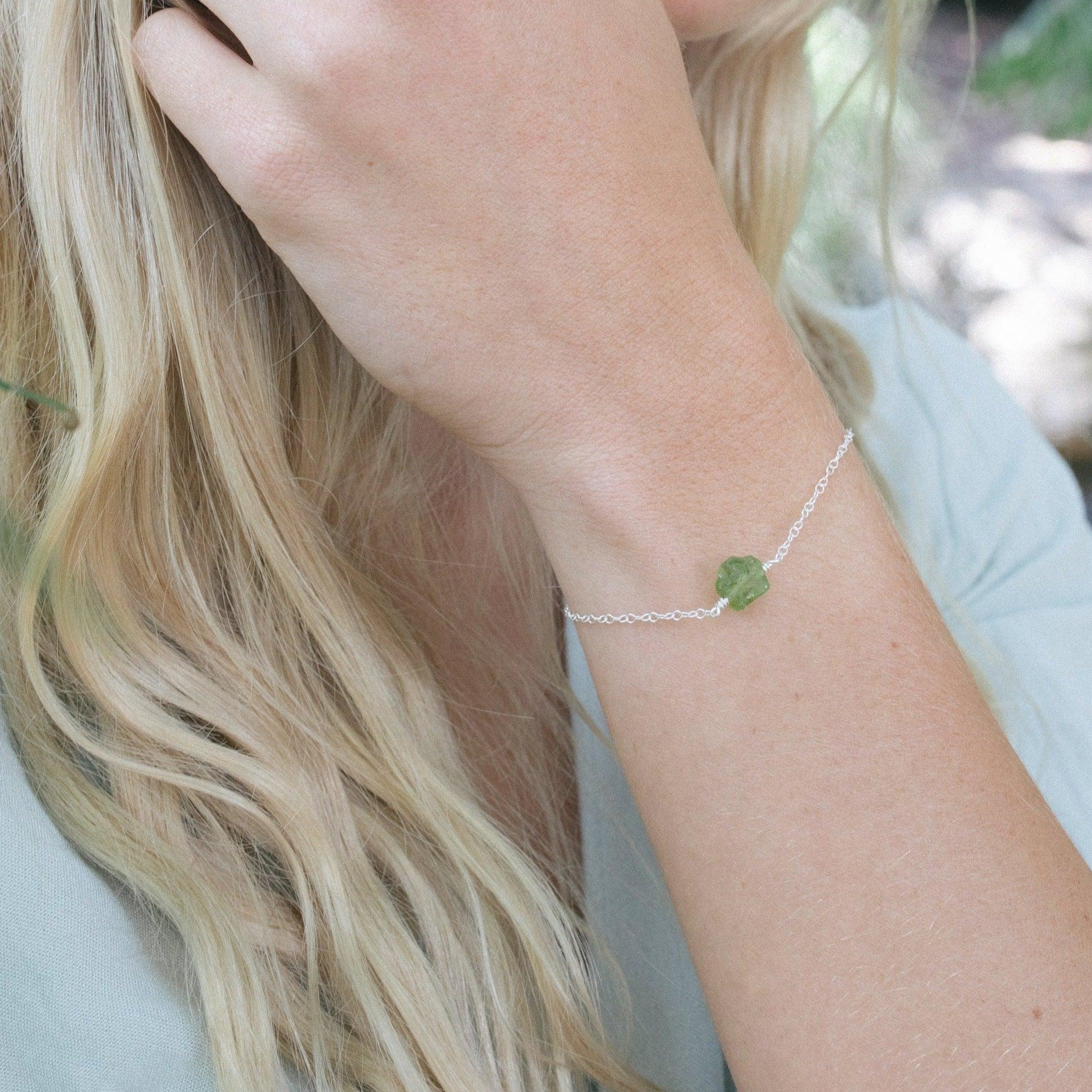 Raw Peridot Crystal Jewellery Set - Raw Peridot Crystal Jewellery Set - Sterling Silver / Cable / Necklace & Earrings & Bracelet - Luna Tide Handmade Crystal Jewellery