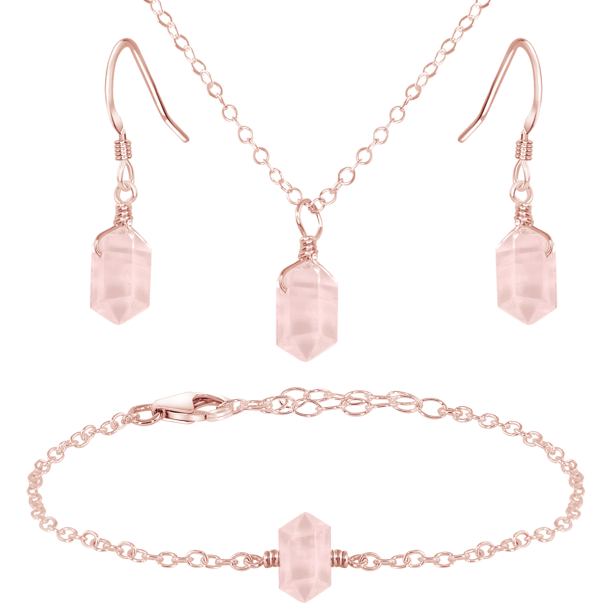 Rose Quartz Double Terminated Crystal Earrings, Necklace & Bracelet Set - Rose Quartz Double Terminated Crystal Earrings, Necklace & Bracelet Set - 14k Rose Gold Fill - Luna Tide Handmade Crystal Jewellery