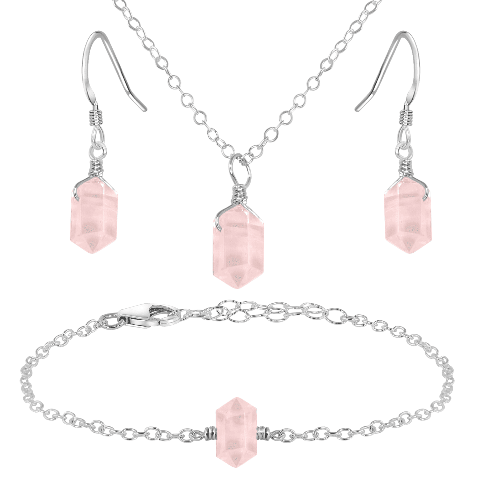 Rose Quartz Double Terminated Crystal Earrings, Necklace & Bracelet Set - Rose Quartz Double Terminated Crystal Earrings, Necklace & Bracelet Set - Sterling Silver - Luna Tide Handmade Crystal Jewellery