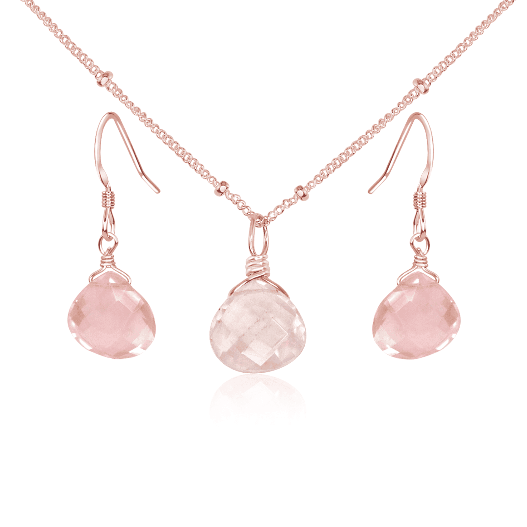 Rose Quartz Tiny Teardrop Earrings & Necklace Set - Rose Quartz Tiny Teardrop Earrings & Necklace Set - 14k Rose Gold Fill / Satellite - Luna Tide Handmade Crystal Jewellery
