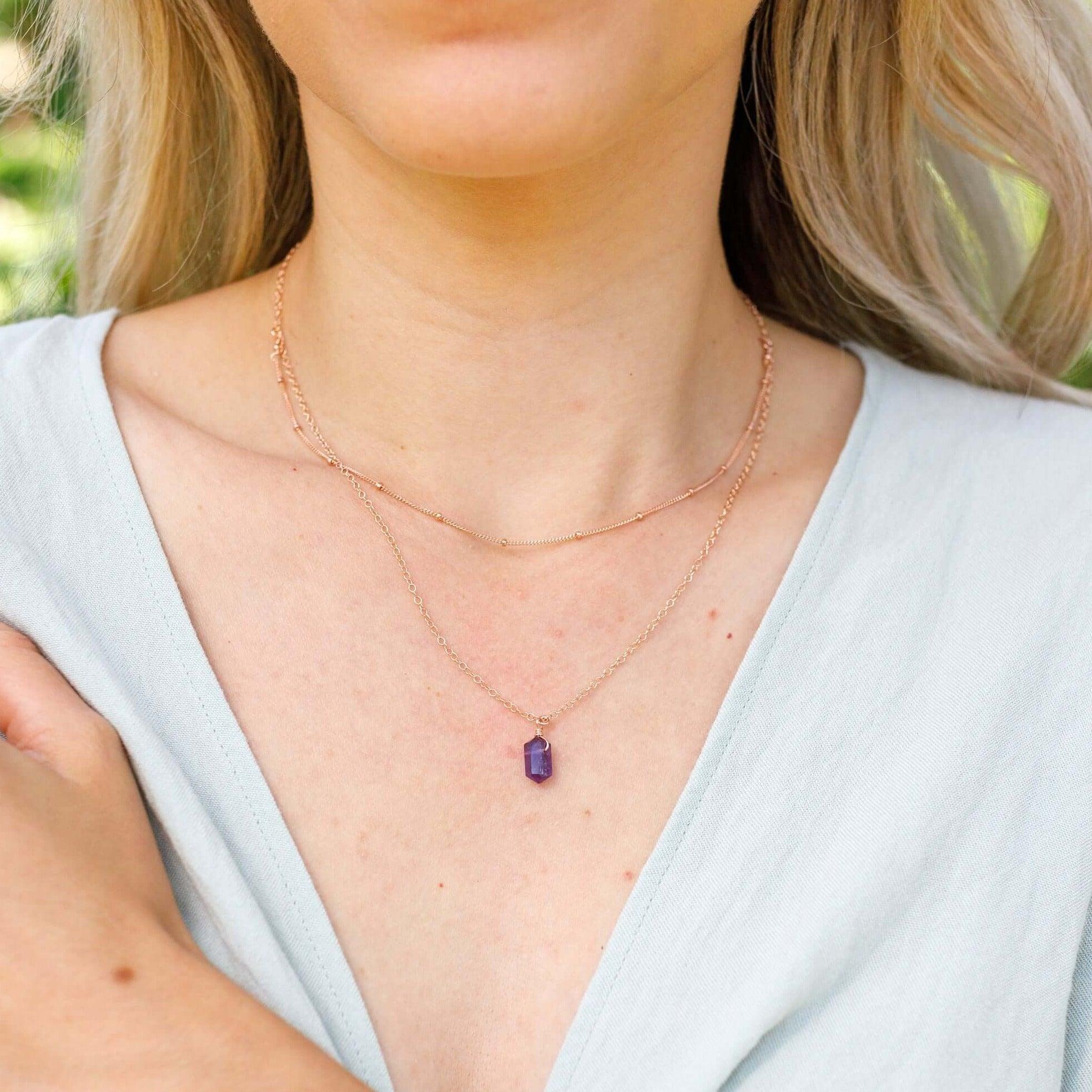 Amethyst Double Terminated Crystal Chain Layered Choker Necklace - Amethyst Double Terminated Crystal Chain Layered Choker Necklace - Sterling Silver - Luna Tide Handmade Crystal Jewellery