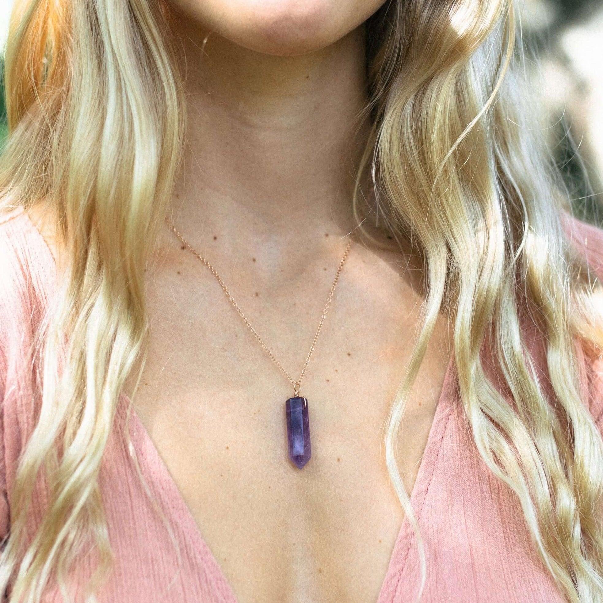 Amethyst Gemstone Generator Tower Point Pendant Necklace - Amethyst Gemstone Generator Tower Point Pendant Necklace - Sterling Silver / Satellite - Luna Tide Handmade Crystal Jewellery
