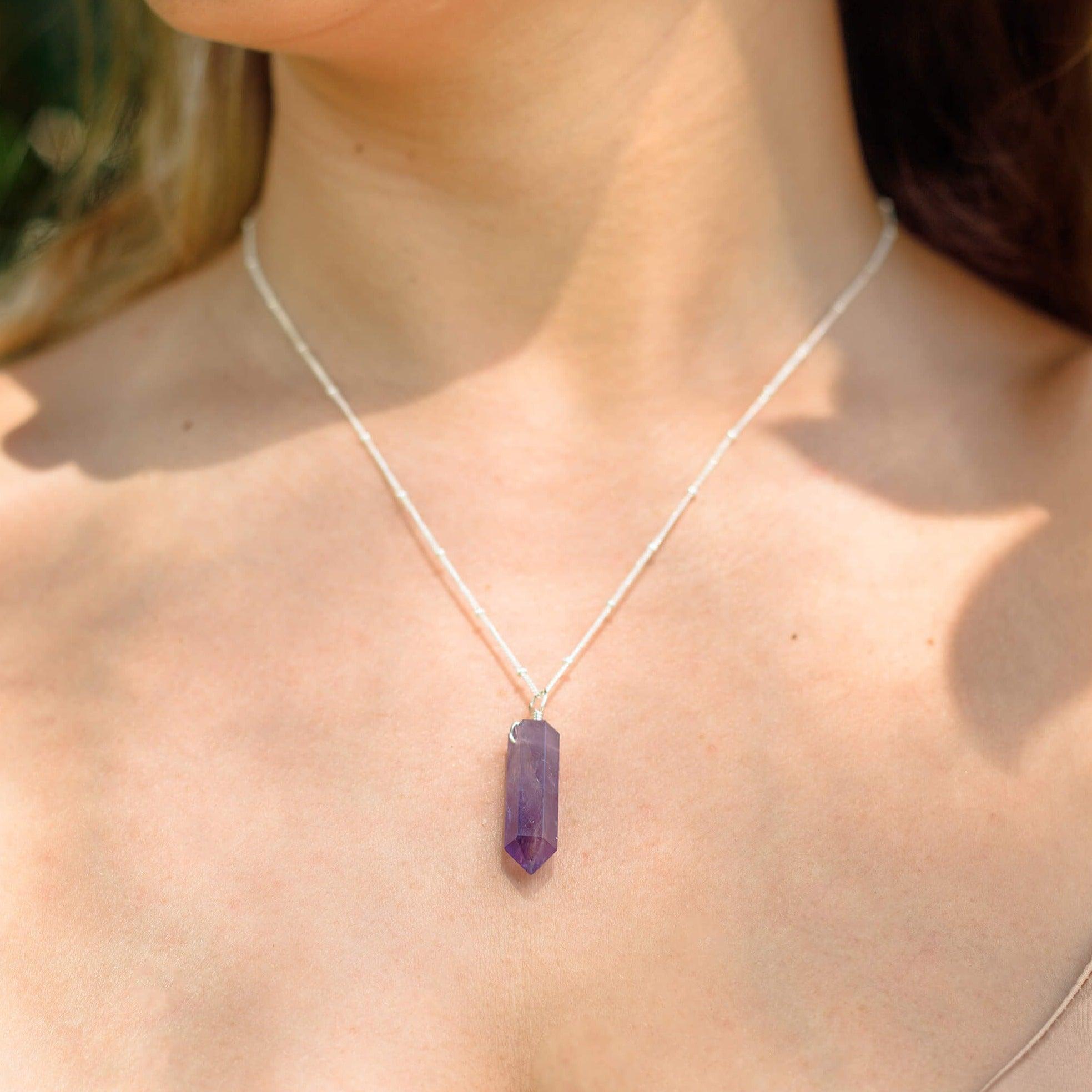 Amethyst Gemstone Generator Tower Point Pendant Necklace - Amethyst Gemstone Generator Tower Point Pendant Necklace - Sterling Silver / Satellite - Luna Tide Handmade Crystal Jewellery