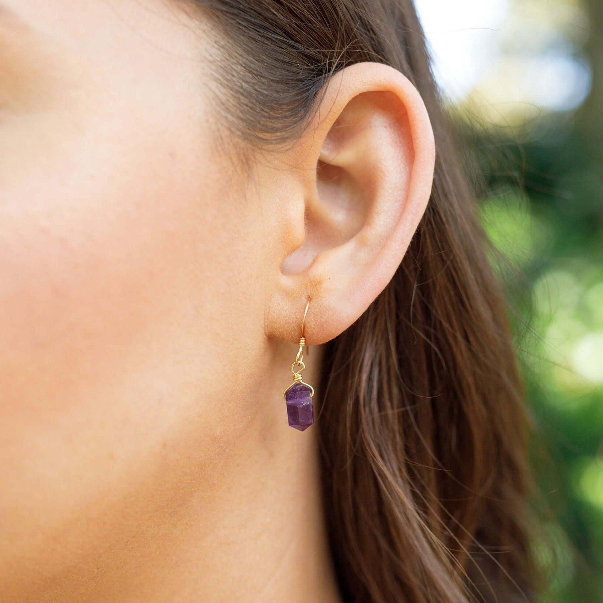 Amethyst Mini Double Terminated Crystal Point Dangle Drop Earrings - Amethyst Mini Double Terminated Crystal Point Dangle Drop Earrings - Sterling Silver - Luna Tide Handmade Crystal Jewellery