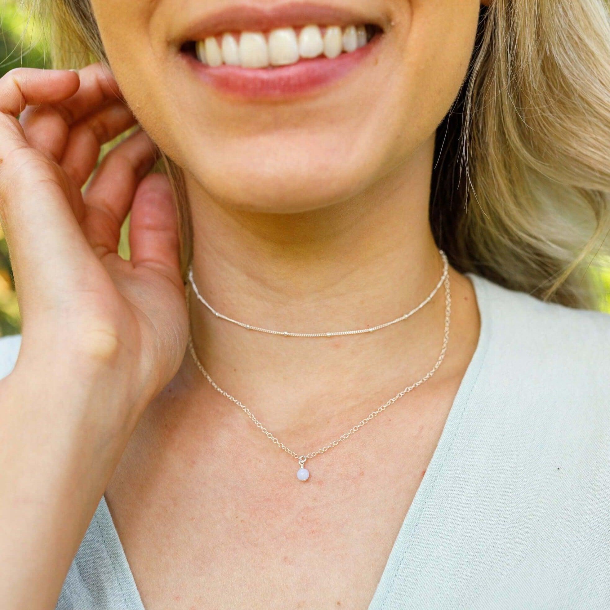 Blue Lace Agate Gemstone Chain Layered Choker Necklace - Blue Lace Agate Gemstone Chain Layered Choker Necklace - Sterling Silver - Luna Tide Handmade Crystal Jewellery