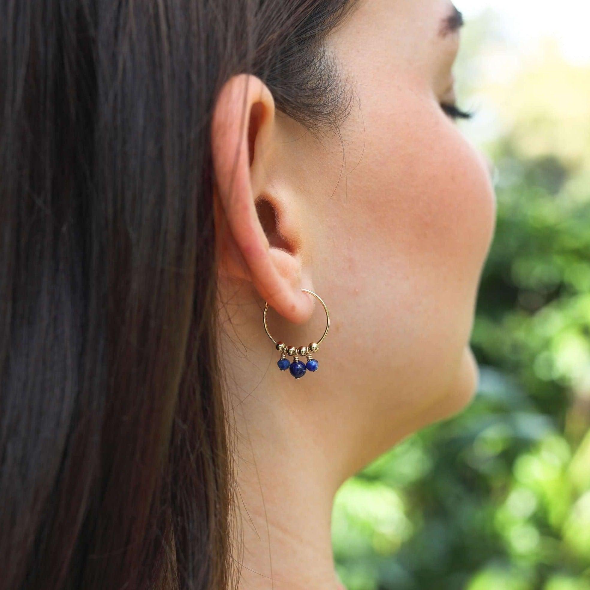 Blue Lapis Lazuli Gemstone Bead Drop Hoop Earrings - Blue Lapis Lazuli Gemstone Bead Drop Hoop Earrings - Sterling Silver - Luna Tide Handmade Crystal Jewellery
