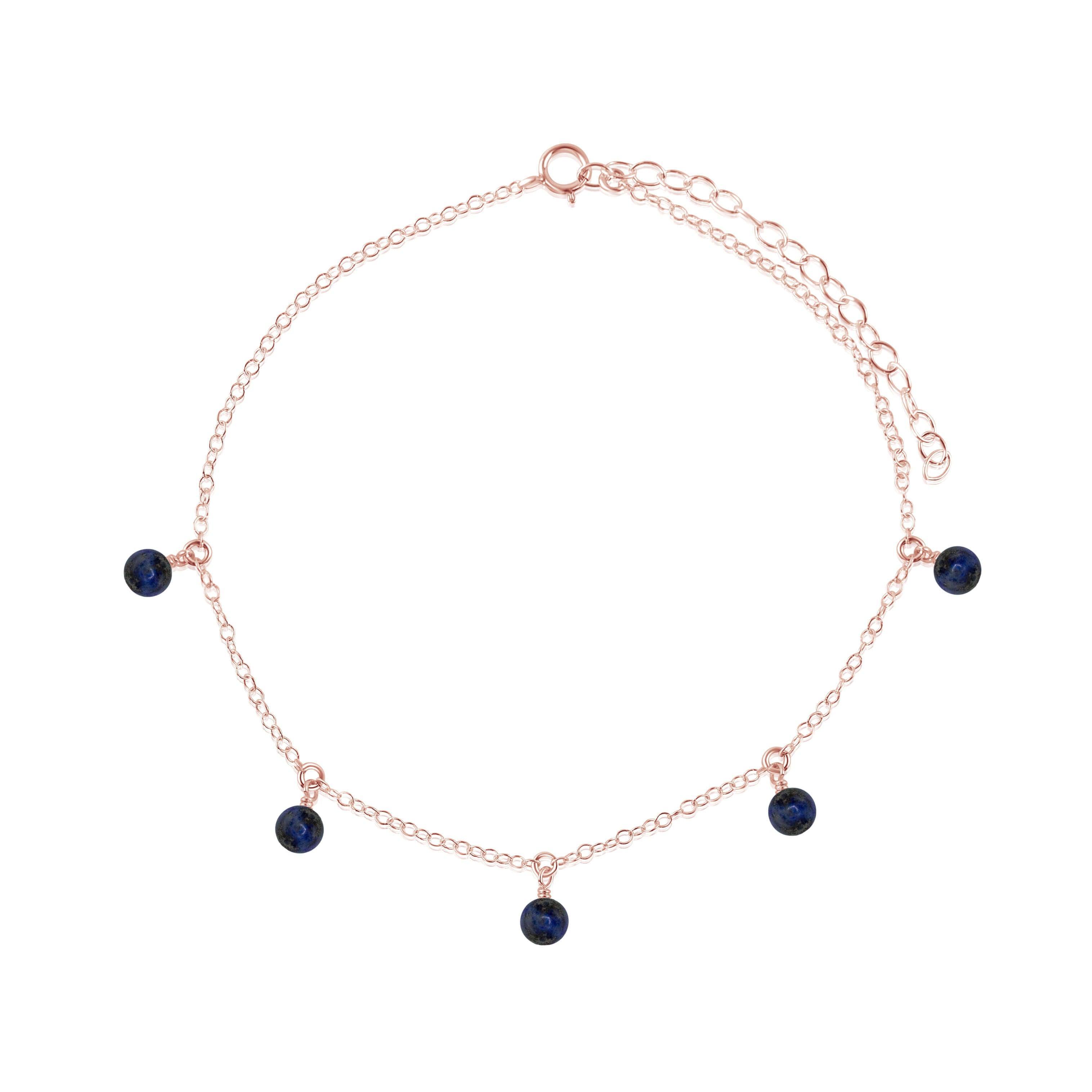 Boho Blue Sapphire Gemstone Bead Drop Anklet - Boho Blue Sapphire Gemstone Bead Drop Anklet - 14k Rose Gold Fill - Luna Tide Handmade Crystal Jewellery