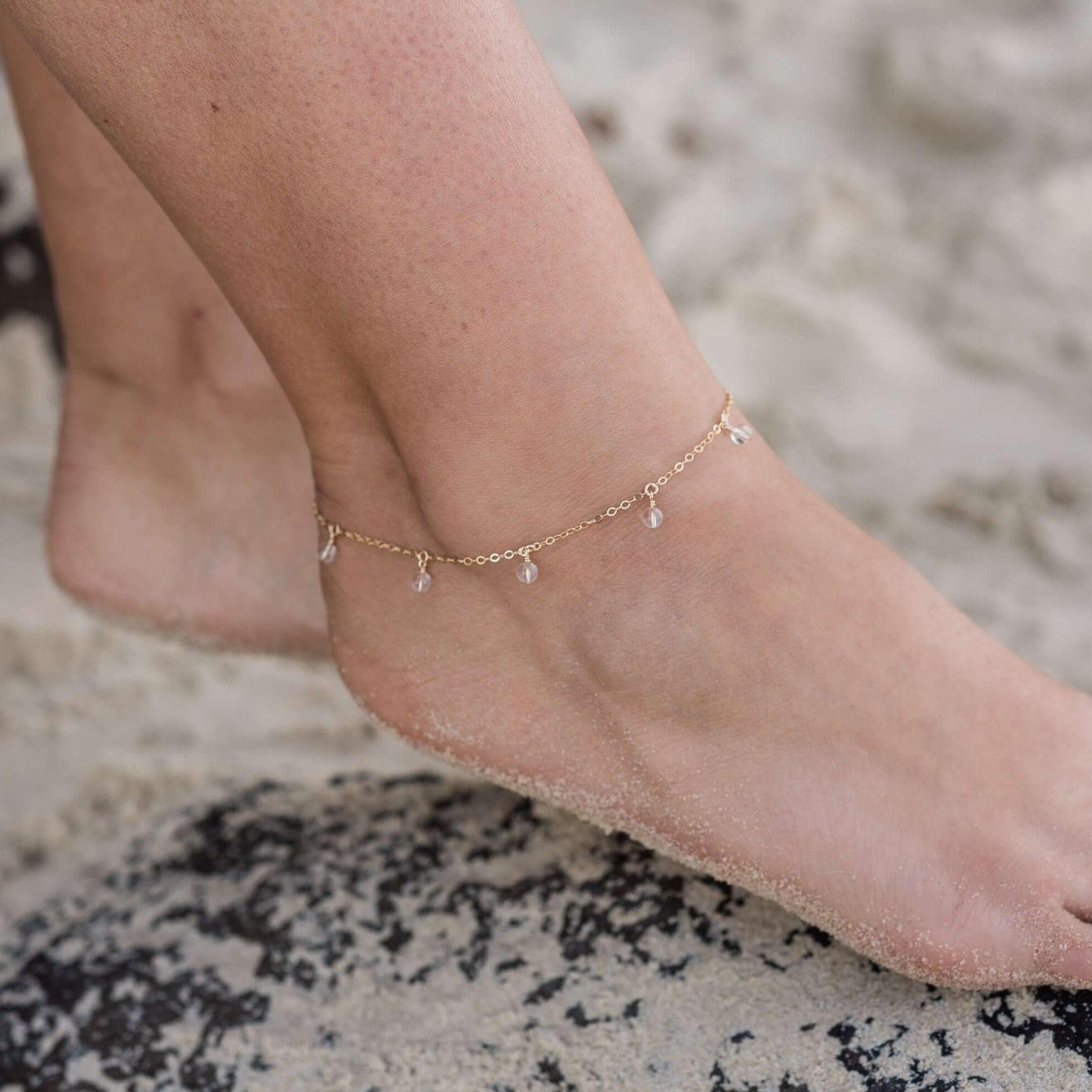 Boho Crystal Quartz Gemstone Bead Drop Anklet - Boho Crystal Quartz Gemstone Bead Drop Anklet - 14k Gold Fill - Luna Tide Handmade Crystal Jewellery