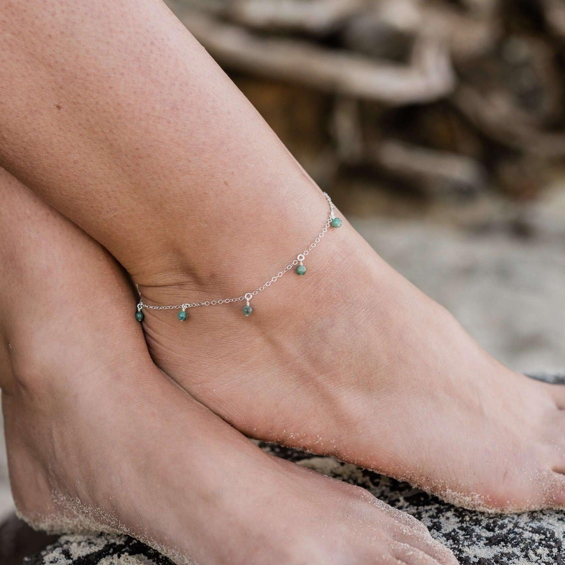 Boho Green Emerald Gemstone Bead Drop Anklet - Boho Green Emerald Gemstone Bead Drop Anklet - Sterling Silver - Luna Tide Handmade Crystal Jewellery