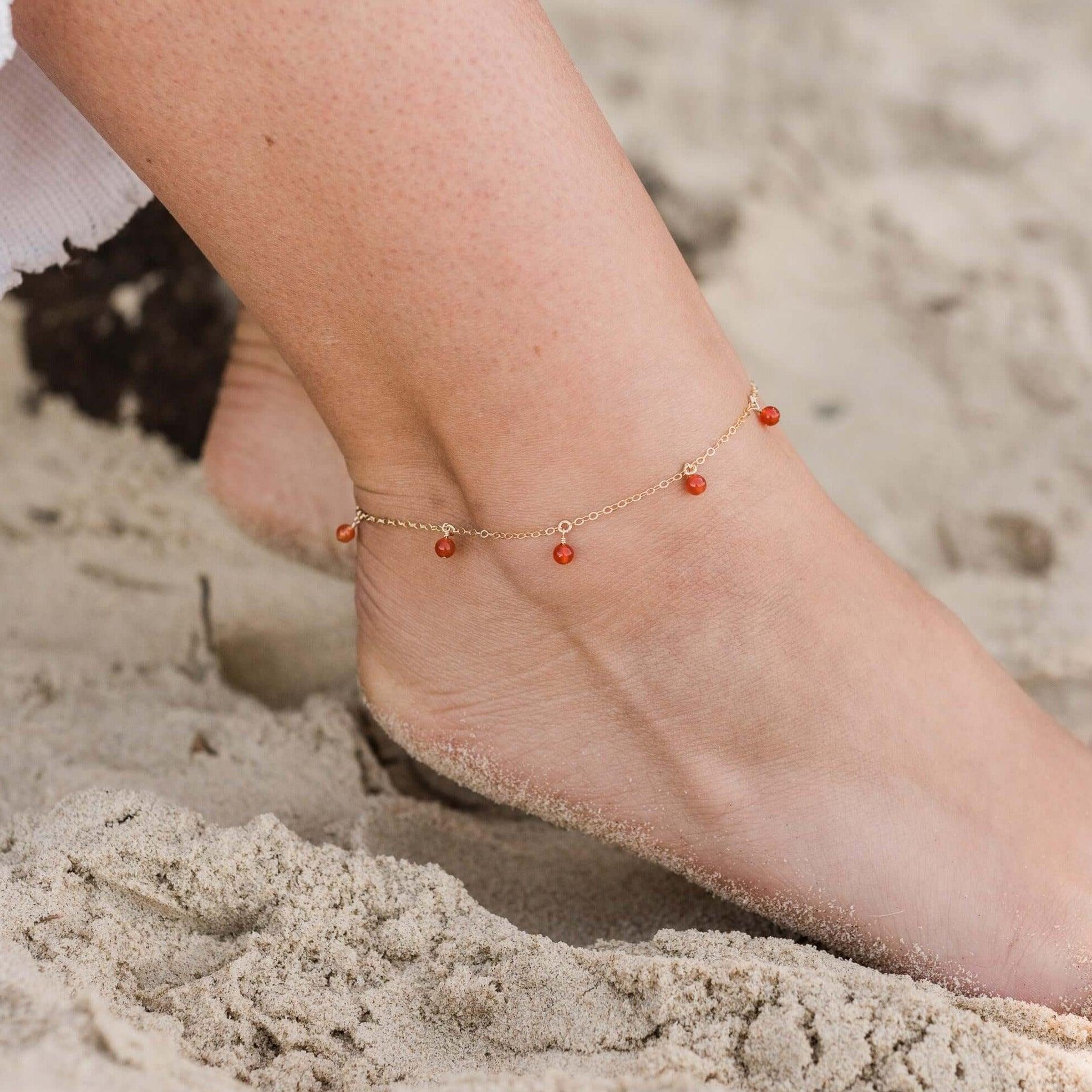 Boho Orange Carnelian Gemstone Bead Drop Anklet - Boho Orange Carnelian Gemstone Bead Drop Anklet - Sterling Silver - Luna Tide Handmade Crystal Jewellery