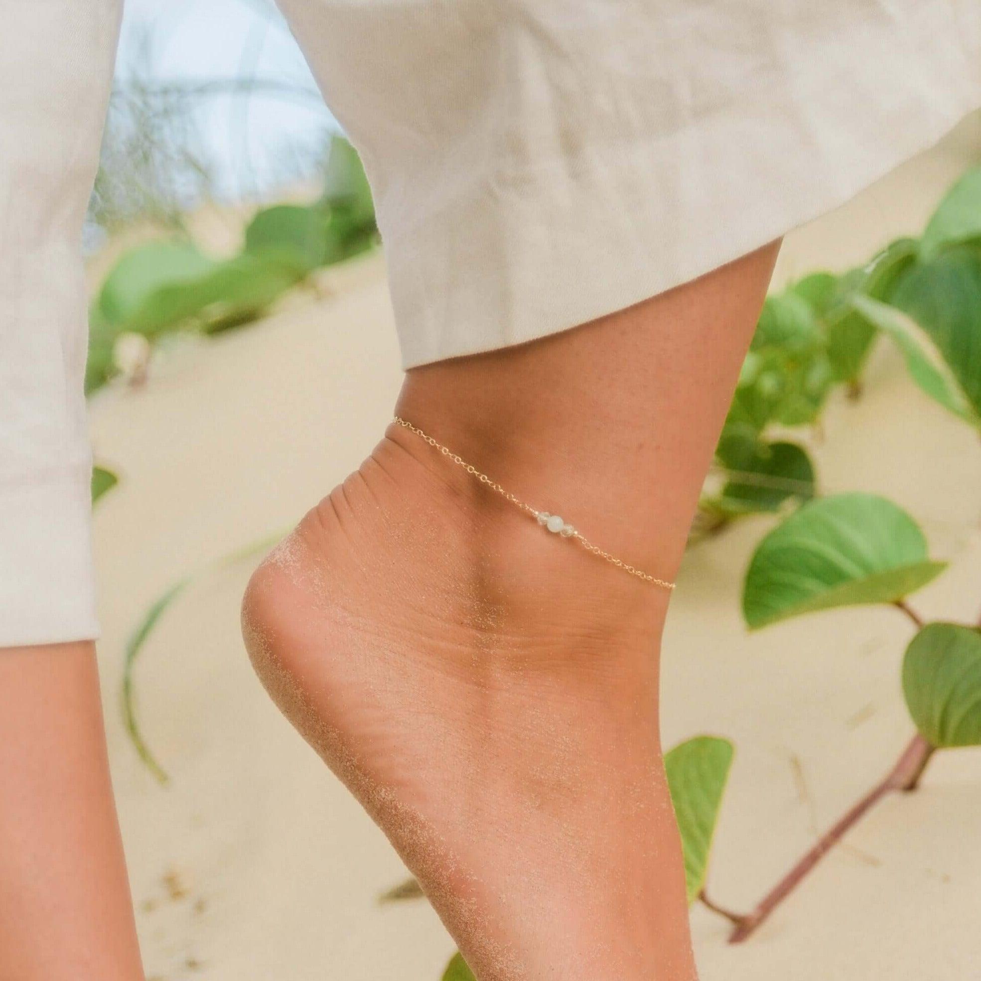 Dainty Aquamarine Gemstone Anklet - Dainty Aquamarine Gemstone Anklet - Sterling Silver - Luna Tide Handmade Crystal Jewellery