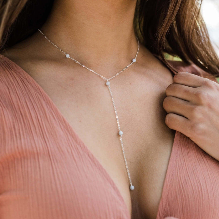 Dainty Blue Lace Agate Lariat Necklace - Dainty Blue Lace Agate Lariat Necklace - Sterling Silver - Luna Tide Handmade Crystal Jewellery