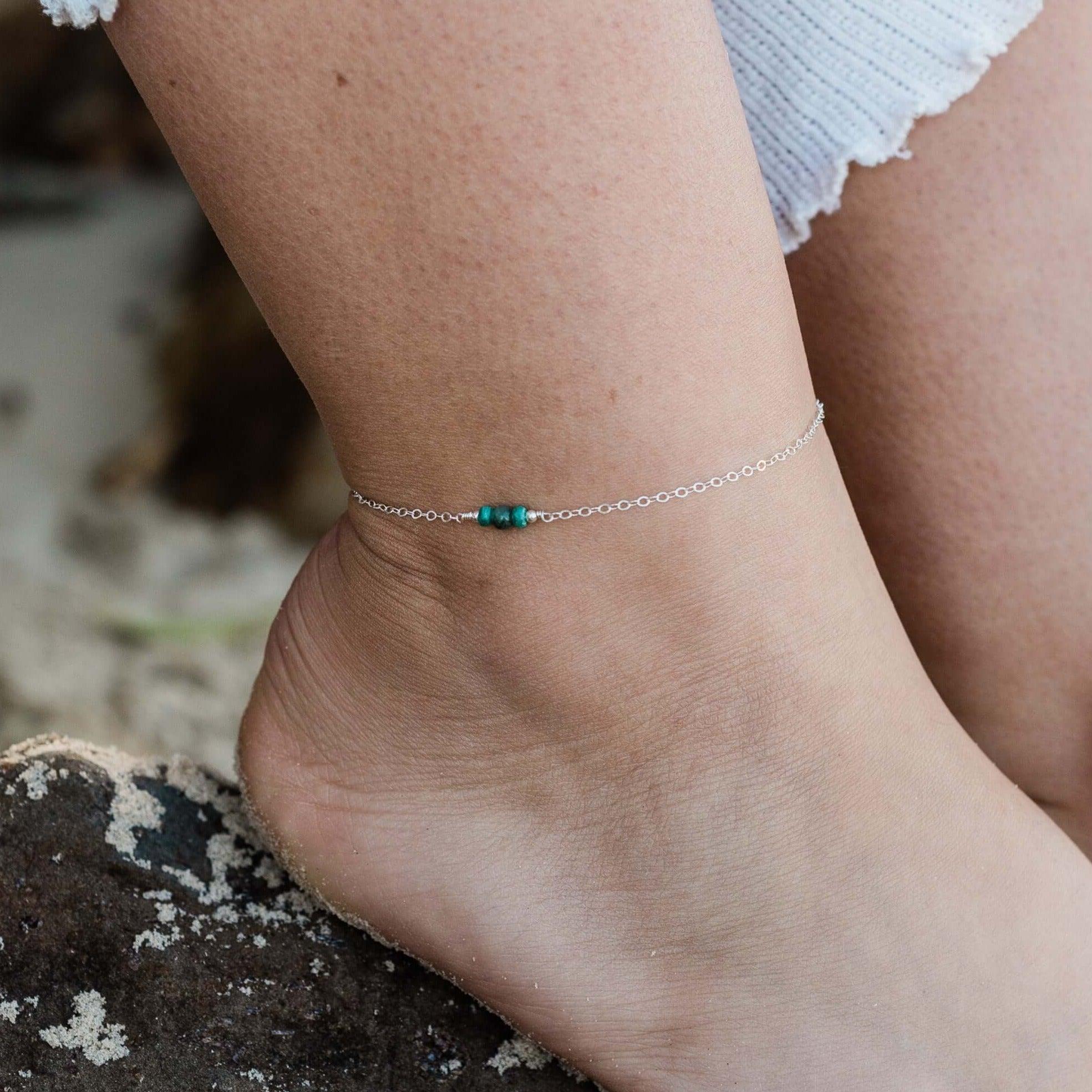 Dainty Emerald Gemstone Anklet - Dainty Emerald Gemstone Anklet - Sterling Silver - Luna Tide Handmade Crystal Jewellery