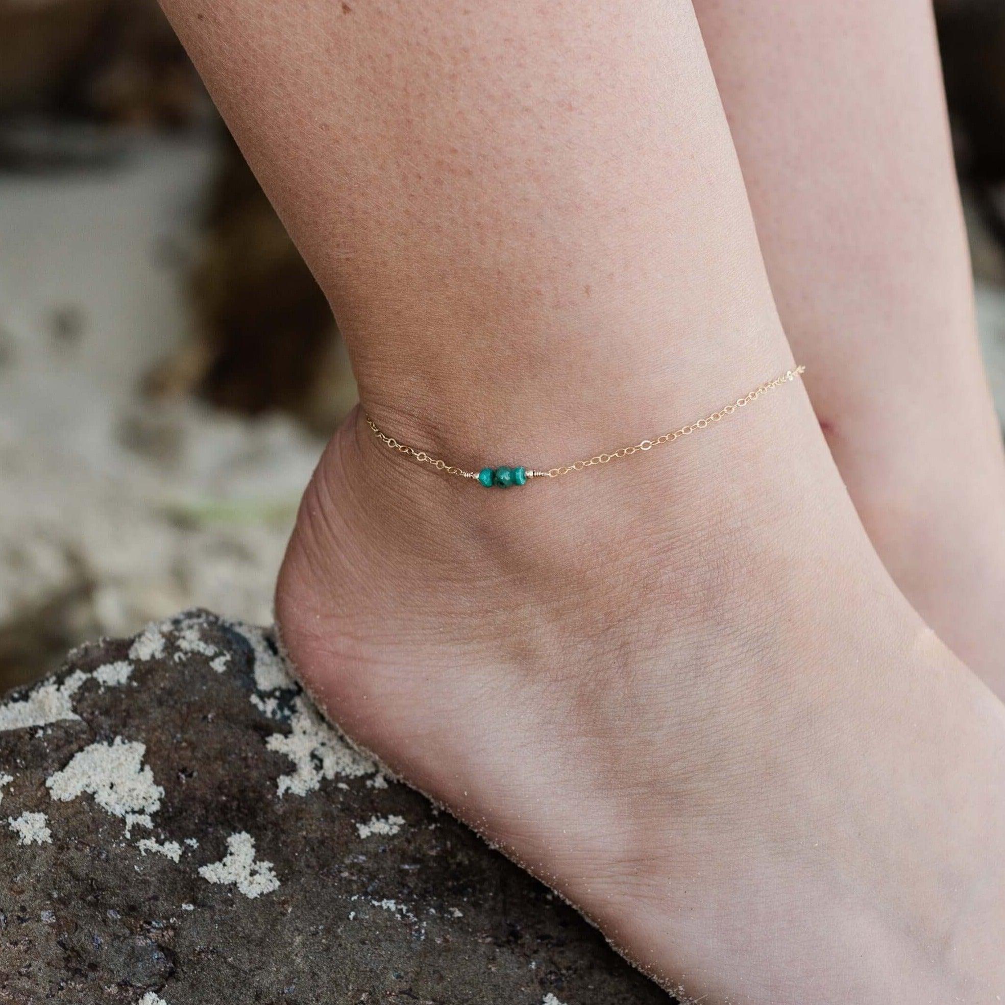 Dainty Emerald Gemstone Anklet - Dainty Emerald Gemstone Anklet - Sterling Silver - Luna Tide Handmade Crystal Jewellery