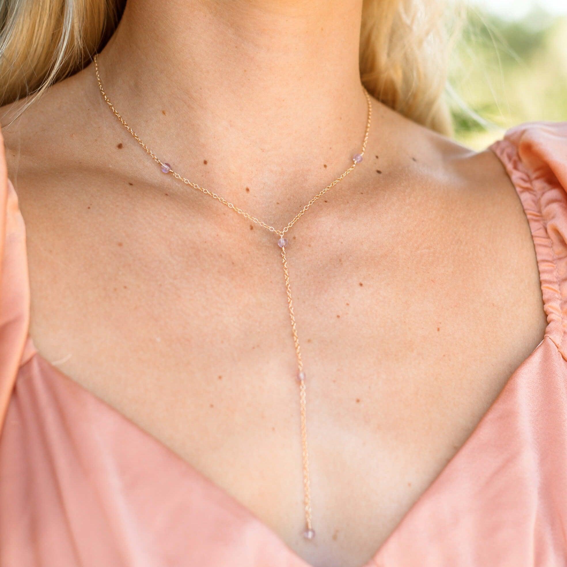 Dainty Pink Amethyst Gemstone Lariat Necklace - Dainty Pink Amethyst Gemstone Lariat Necklace - Sterling Silver - Luna Tide Handmade Crystal Jewellery