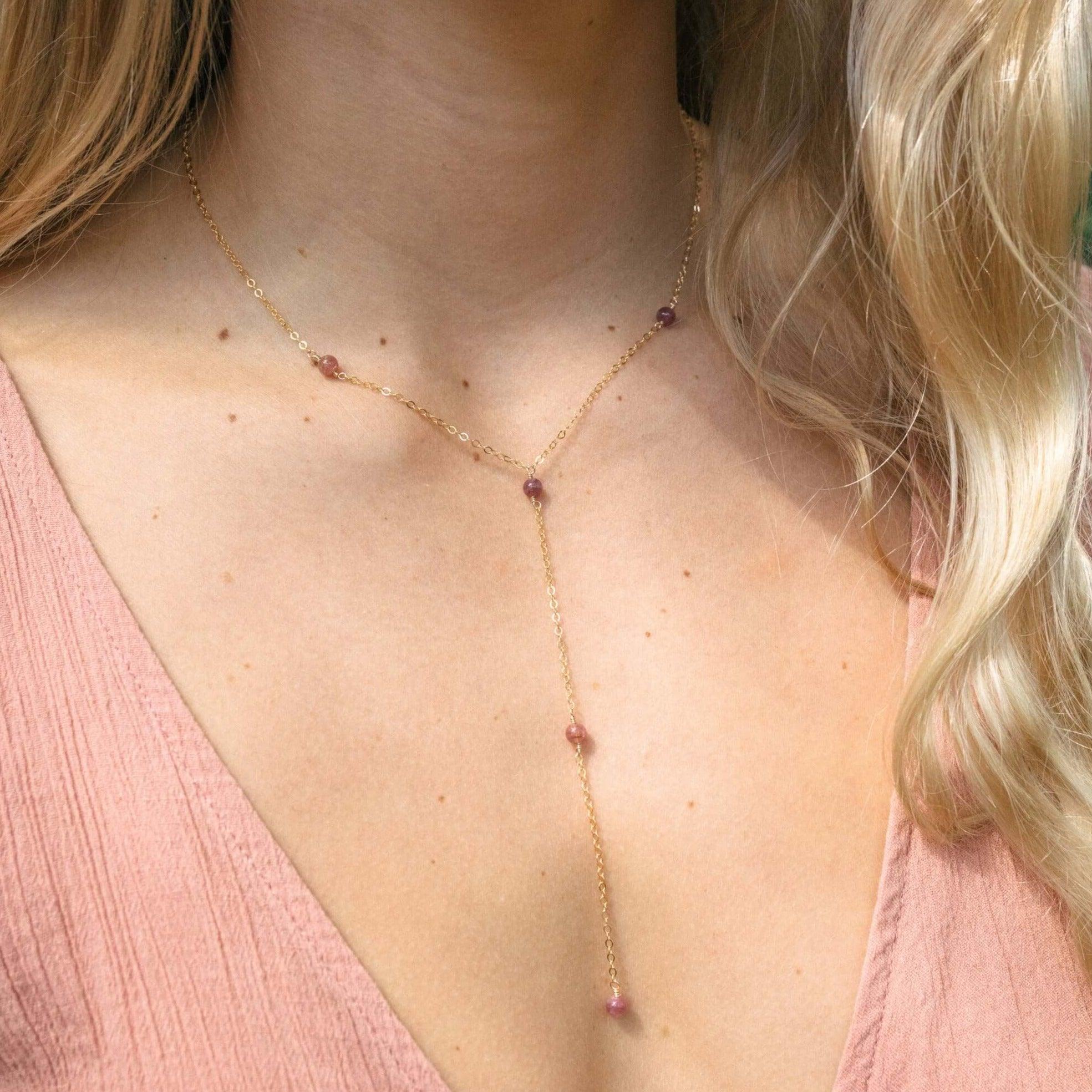 Dainty Pink Tourmaline Lariat Necklace - Dainty Pink Tourmaline Lariat Necklace - 14k Gold Fill - Luna Tide Handmade Crystal Jewellery