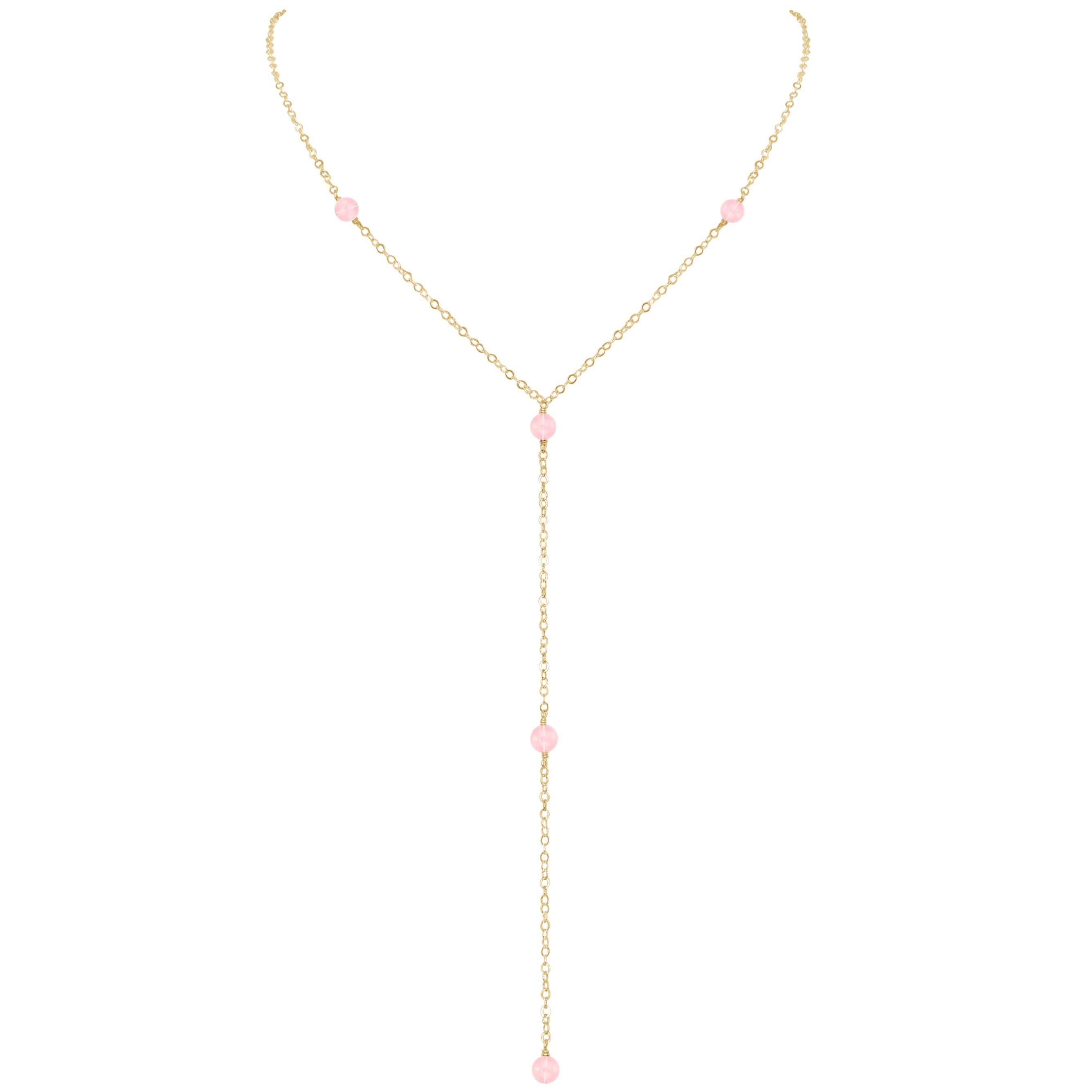 Dainty Rose Quartz Lariat Necklace - Dainty Rose Quartz Lariat Necklace - 14k Gold Fill - Luna Tide Handmade Crystal Jewellery