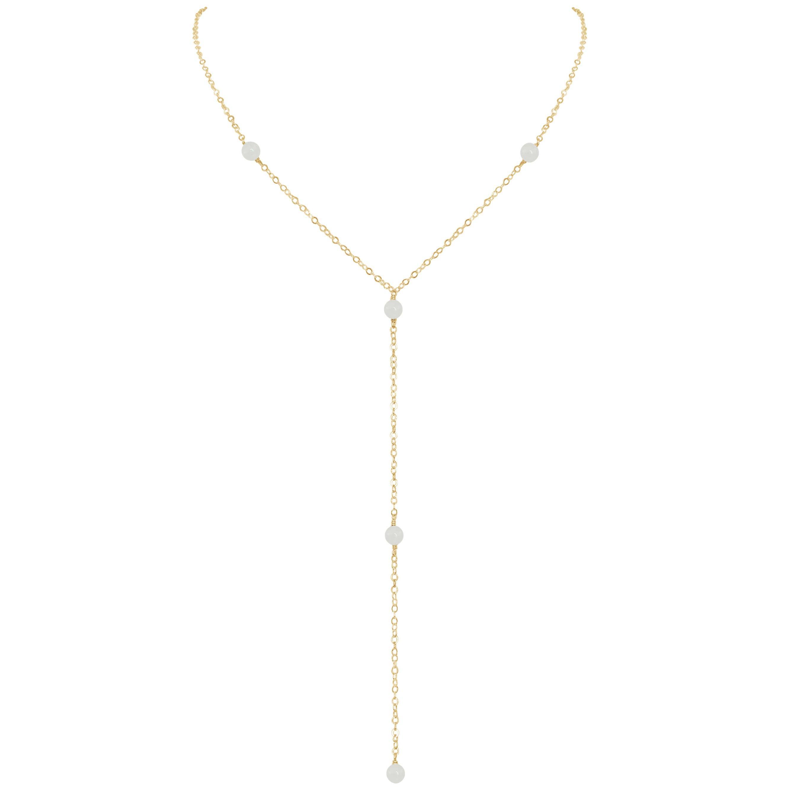Dainty White Moonstone Gemstone Lariat Necklace - Dainty White Moonstone Gemstone Lariat Necklace - 14k Gold Fill - Luna Tide Handmade Crystal Jewellery