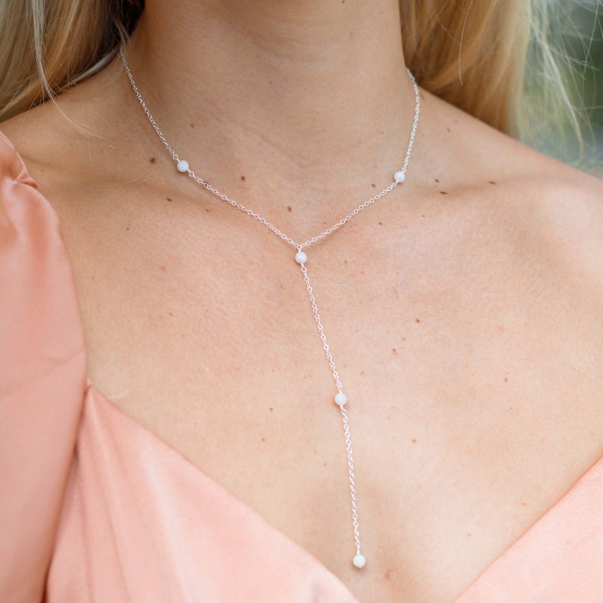 Dainty White Moonstone Gemstone Lariat Necklace - Dainty White Moonstone Gemstone Lariat Necklace - Sterling Silver - Luna Tide Handmade Crystal Jewellery
