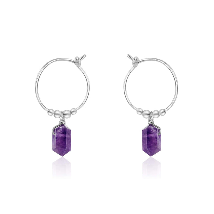 Double Terminated Amethyst Mini Crystal Point Dangle Hoop Earrings - Double Terminated Amethyst Mini Crystal Point Dangle Hoop Earrings - Sterling Silver - Luna Tide Handmade Crystal Jewellery