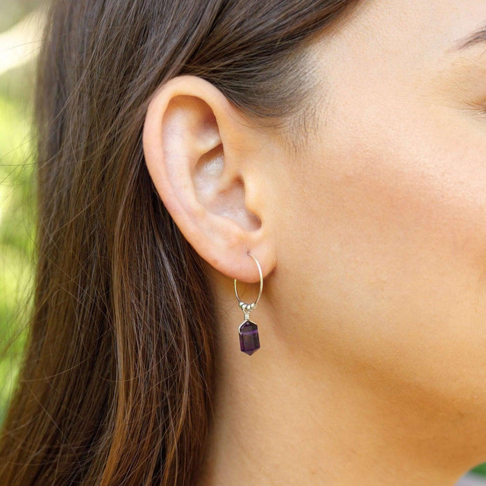 Double Terminated Amethyst Mini Crystal Point Dangle Hoop Earrings - Double Terminated Amethyst Mini Crystal Point Dangle Hoop Earrings - Sterling Silver - Luna Tide Handmade Crystal Jewellery