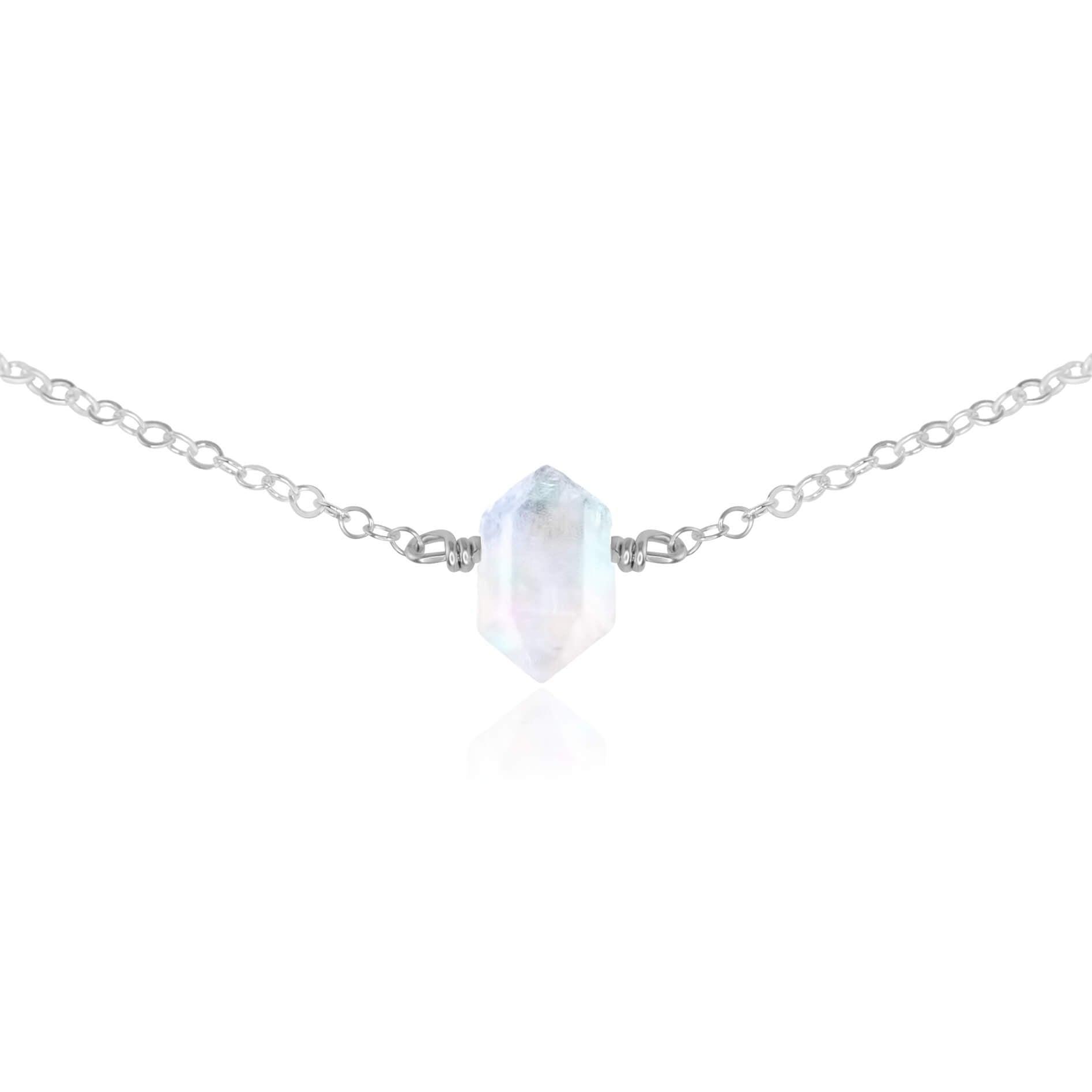 Double Terminated Rainbow Moonstone Mini Crystal Point Choker Necklace - Double Terminated Rainbow Moonstone Mini Crystal Point Choker Necklace - Sterling Silver - Luna Tide Handmade Crystal Jewellery