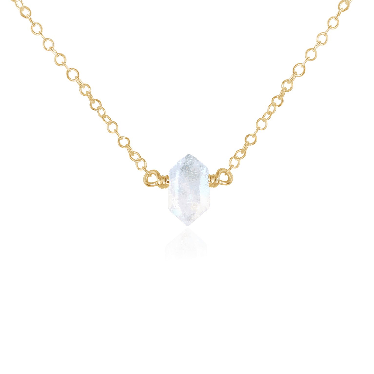 Double Terminated Rainbow Moonstone Mini Crystal Point Necklace - Double Terminated Rainbow Moonstone Mini Crystal Point Necklace - 14k Gold Fill - Luna Tide Handmade Crystal Jewellery