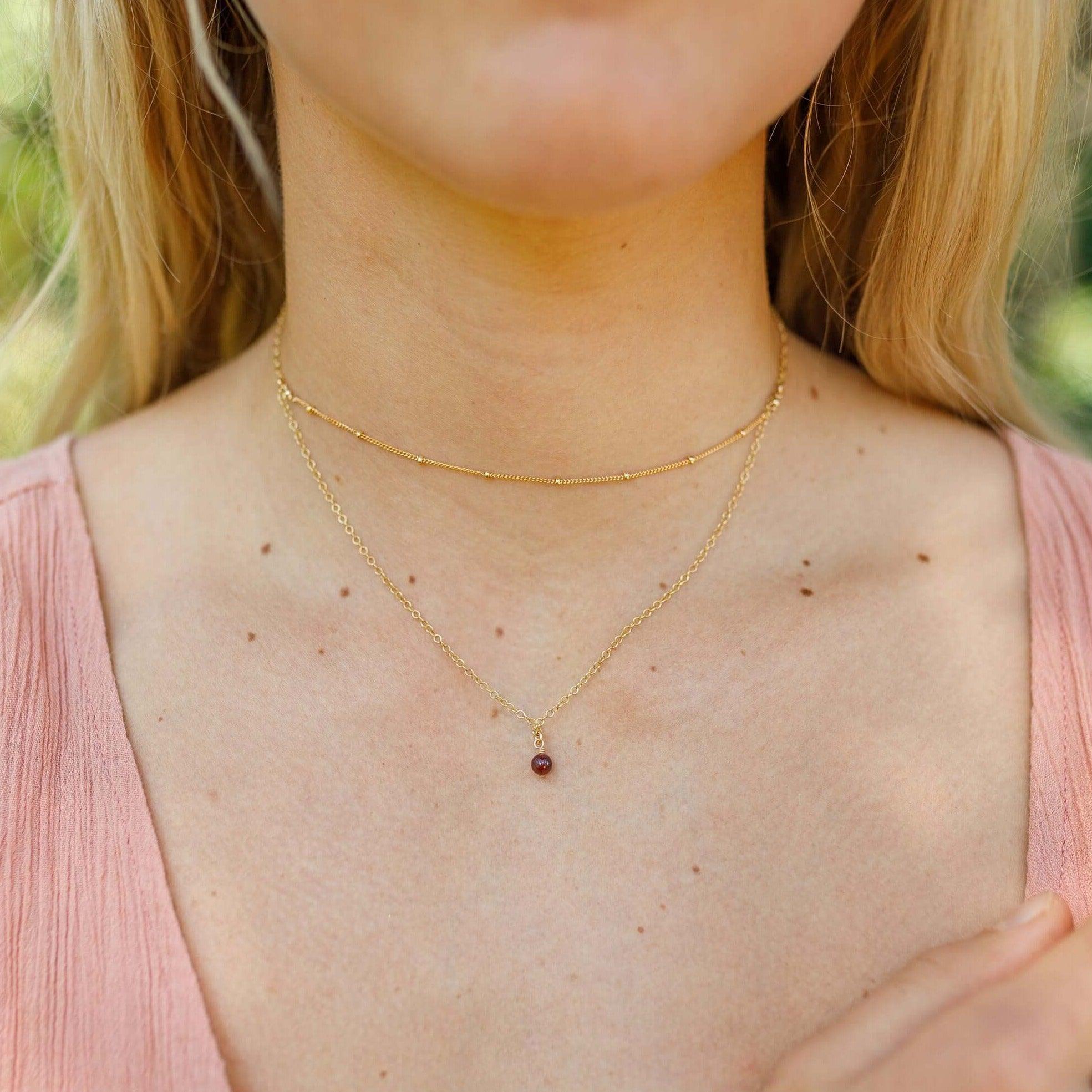 Garnet Gemstone Chain Layered Choker Necklace - Garnet Gemstone Chain Layered Choker Necklace - Sterling Silver - Luna Tide Handmade Crystal Jewellery