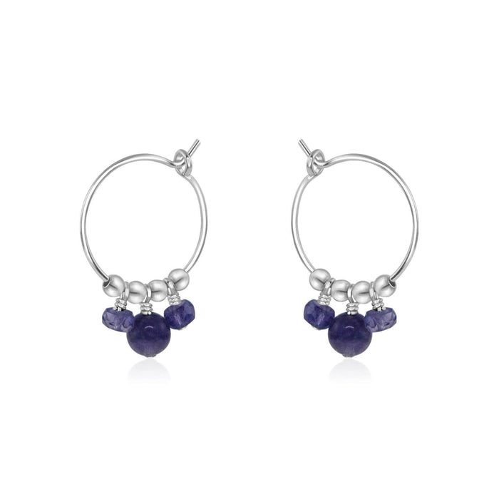 Grey Iolite Gemstone Bead Drop Hoop Earrings - Grey Iolite Gemstone Bead Drop Hoop Earrings - Sterling Silver - Luna Tide Handmade Crystal Jewellery