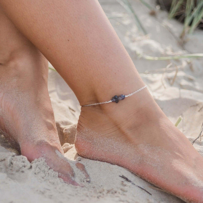 Iolite Chip Bead Bar Anklet - Iolite Chip Bead Bar Anklet - Sterling Silver - Luna Tide Handmade Crystal Jewellery