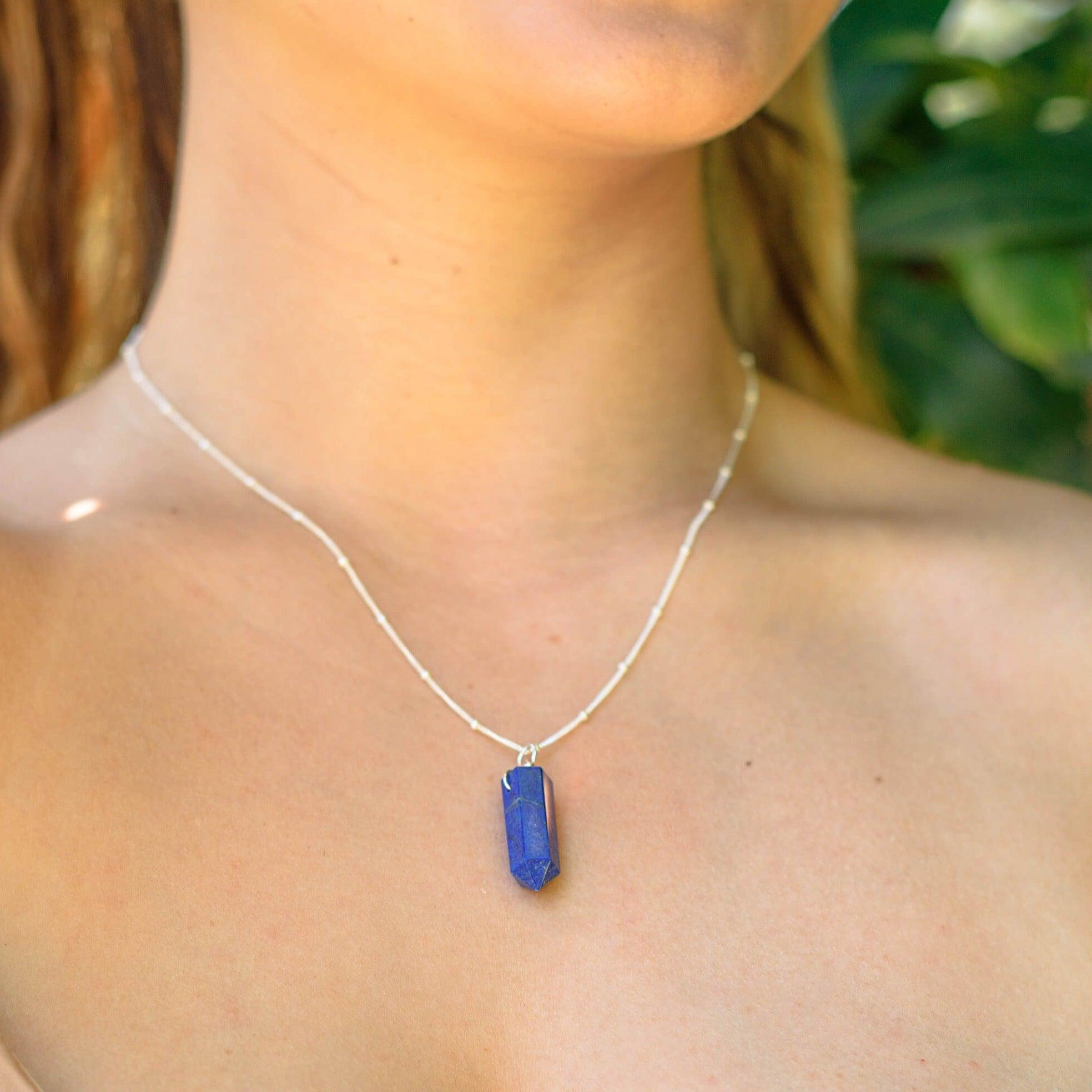 Lapis Lazuli Gemstone Generator Tower Point Pendant Necklace - Lapis Lazuli Gemstone Generator Tower Point Pendant Necklace - Sterling Silver / Satellite - Luna Tide Handmade Crystal Jewellery