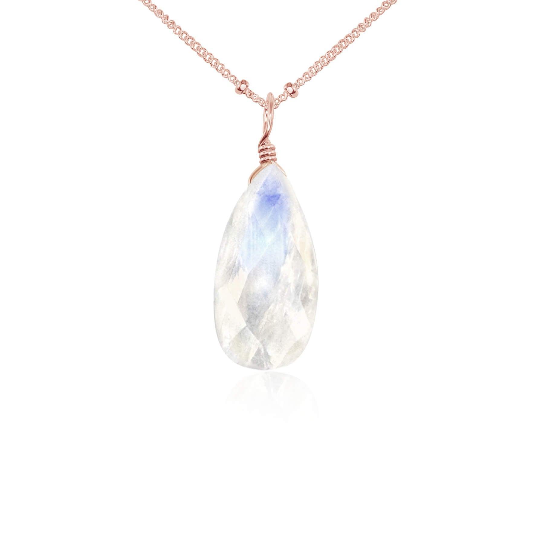 Large Rainbow Moonstone Teardrop Necklace - Large Rainbow Moonstone Teardrop Necklace - 14k Rose Gold Fill / Satellite - Luna Tide Handmade Crystal Jewellery