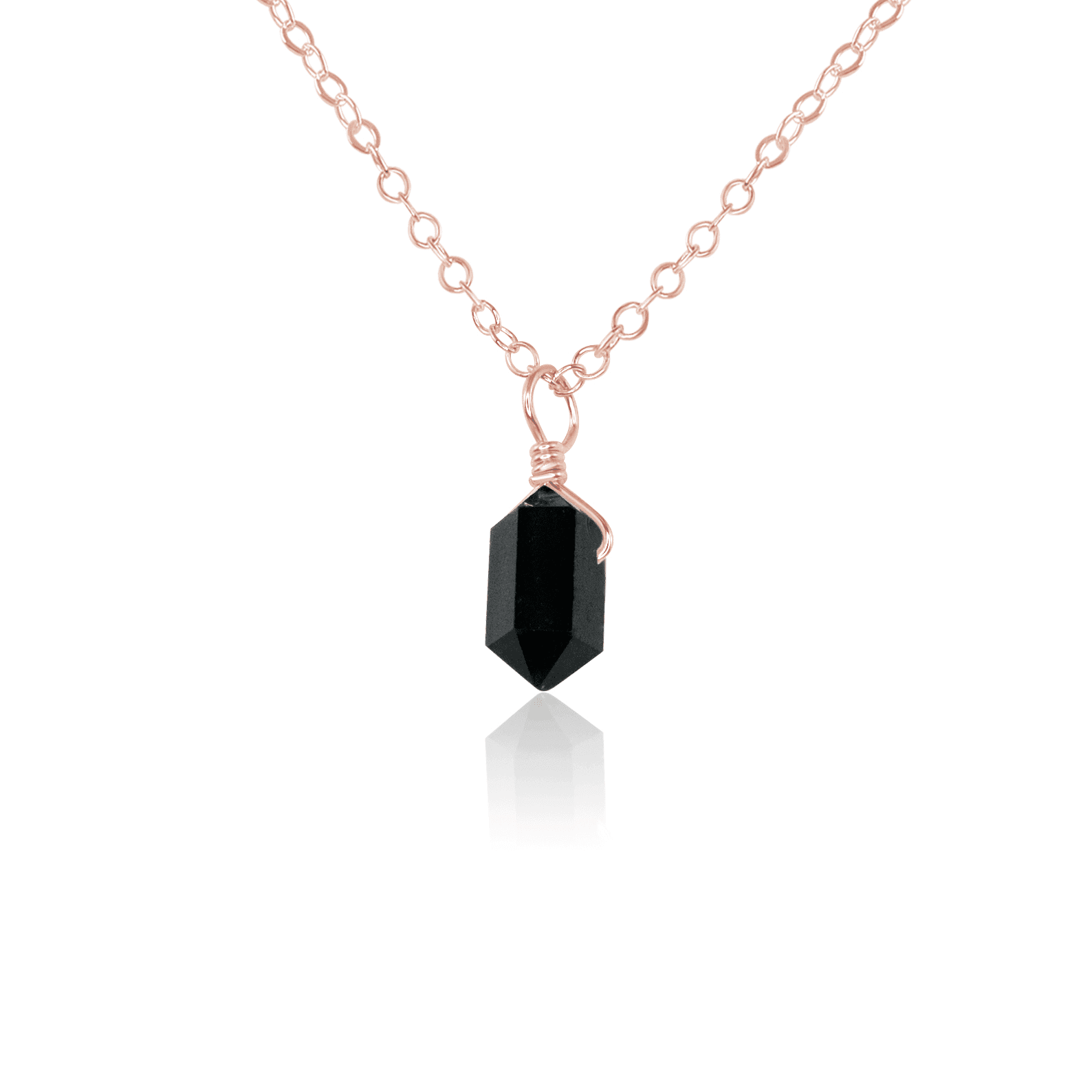 Mini Double Terminated Black Tourmaline Crystal Point Pendant Necklace - Mini Double Terminated Black Tourmaline Crystal Point Pendant Necklace - 14k Rose Gold Fill / Cable - Luna Tide Handmade Crystal Jewellery