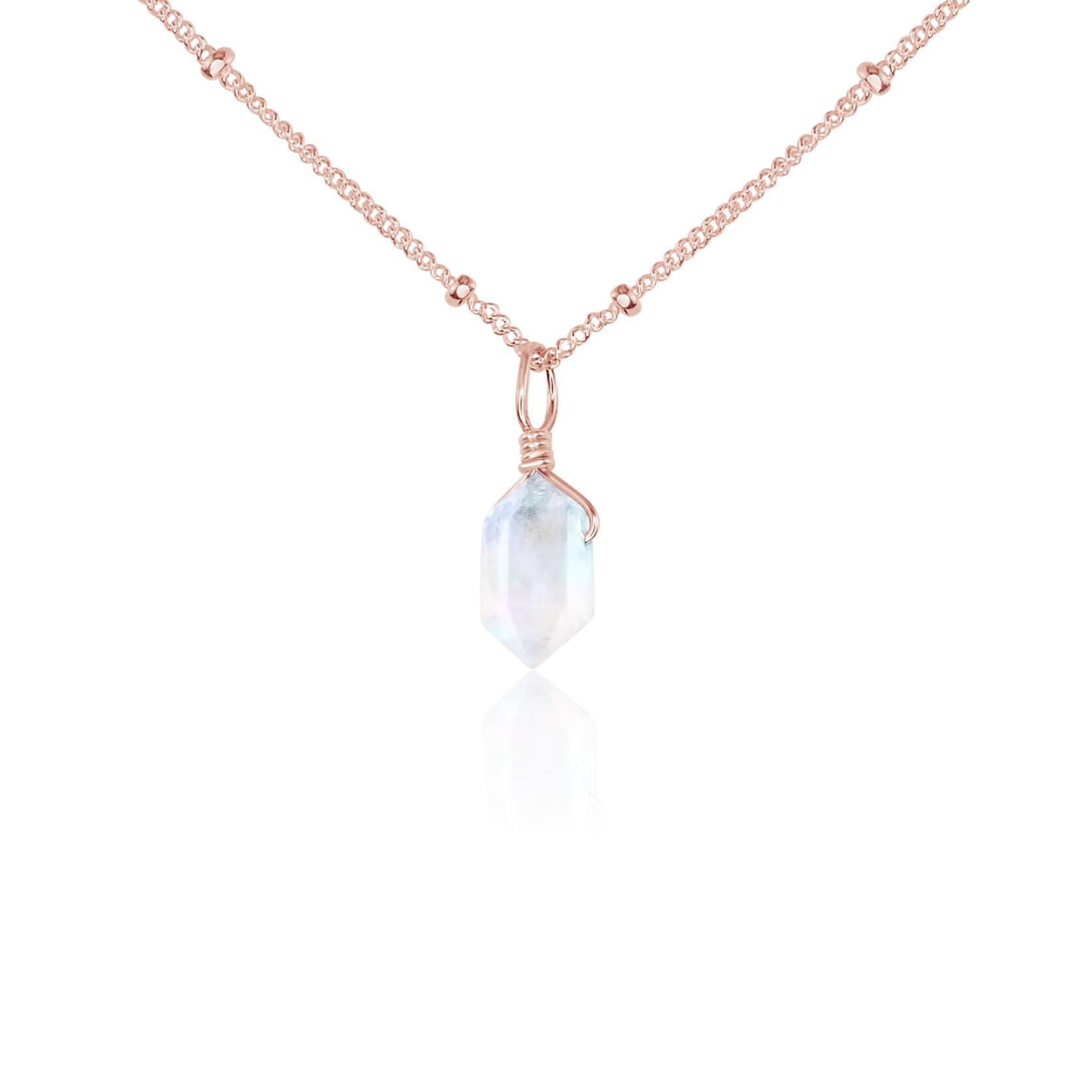 Mini Double Terminated Rainbow Moonstone Crystal Point Pendant Necklace - Mini Double Terminated Rainbow Moonstone Crystal Point Pendant Necklace - 14k Rose Gold Fill / Satellite - Luna Tide Handmade Crystal Jewellery
