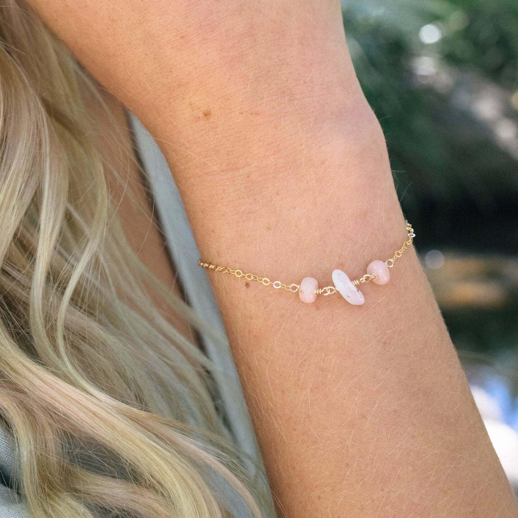 Pink Peruvian Opal Beaded Chain Bracelet - Pink Peruvian Opal Beaded Chain Bracelet - 14k Gold Fill - Luna Tide Handmade Crystal Jewellery