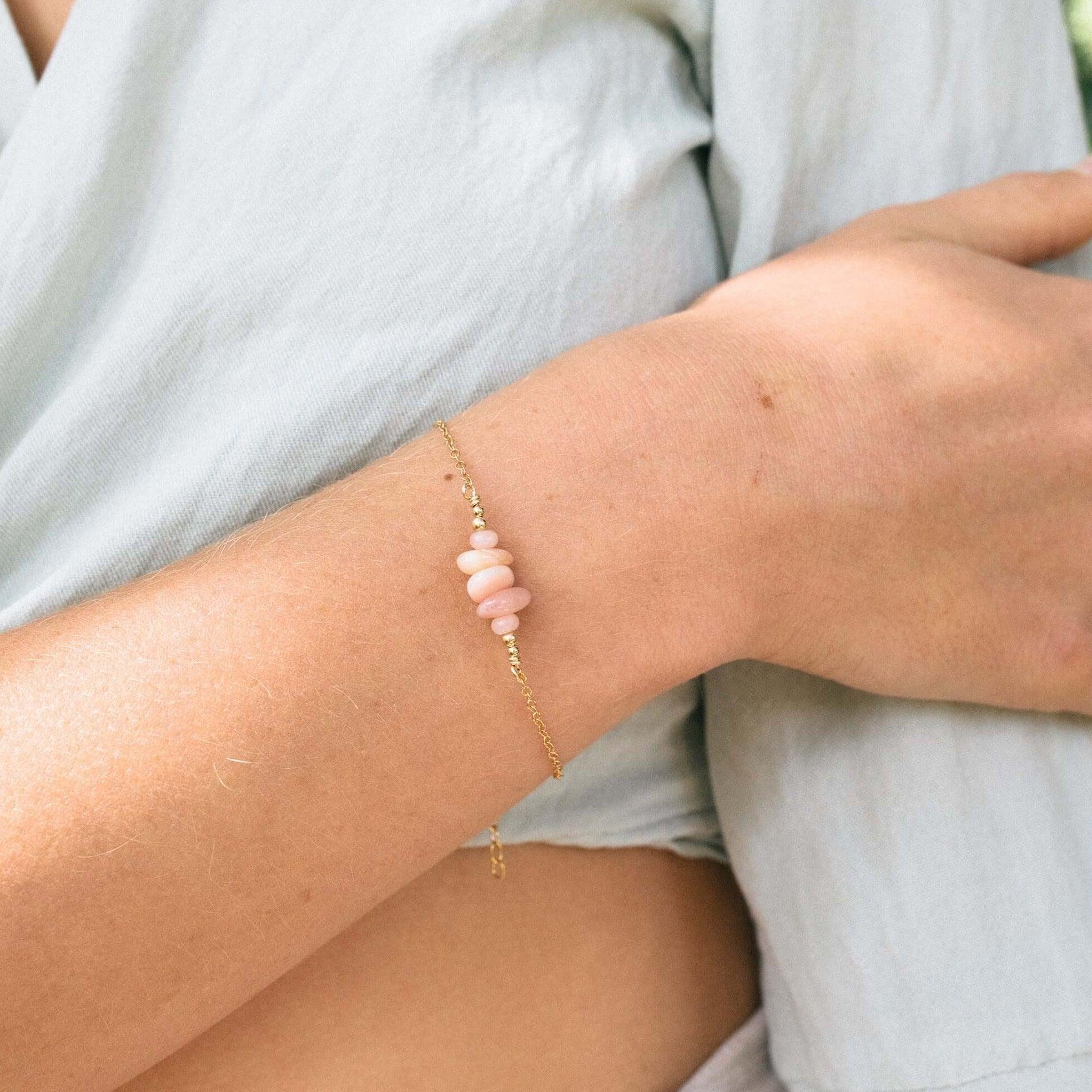 Pink Peruvian opal Chip Bead Bar Bracelet - Pink Peruvian opal Chip Bead Bar Bracelet - 14k Gold Fill - Luna Tide Handmade Crystal Jewellery
