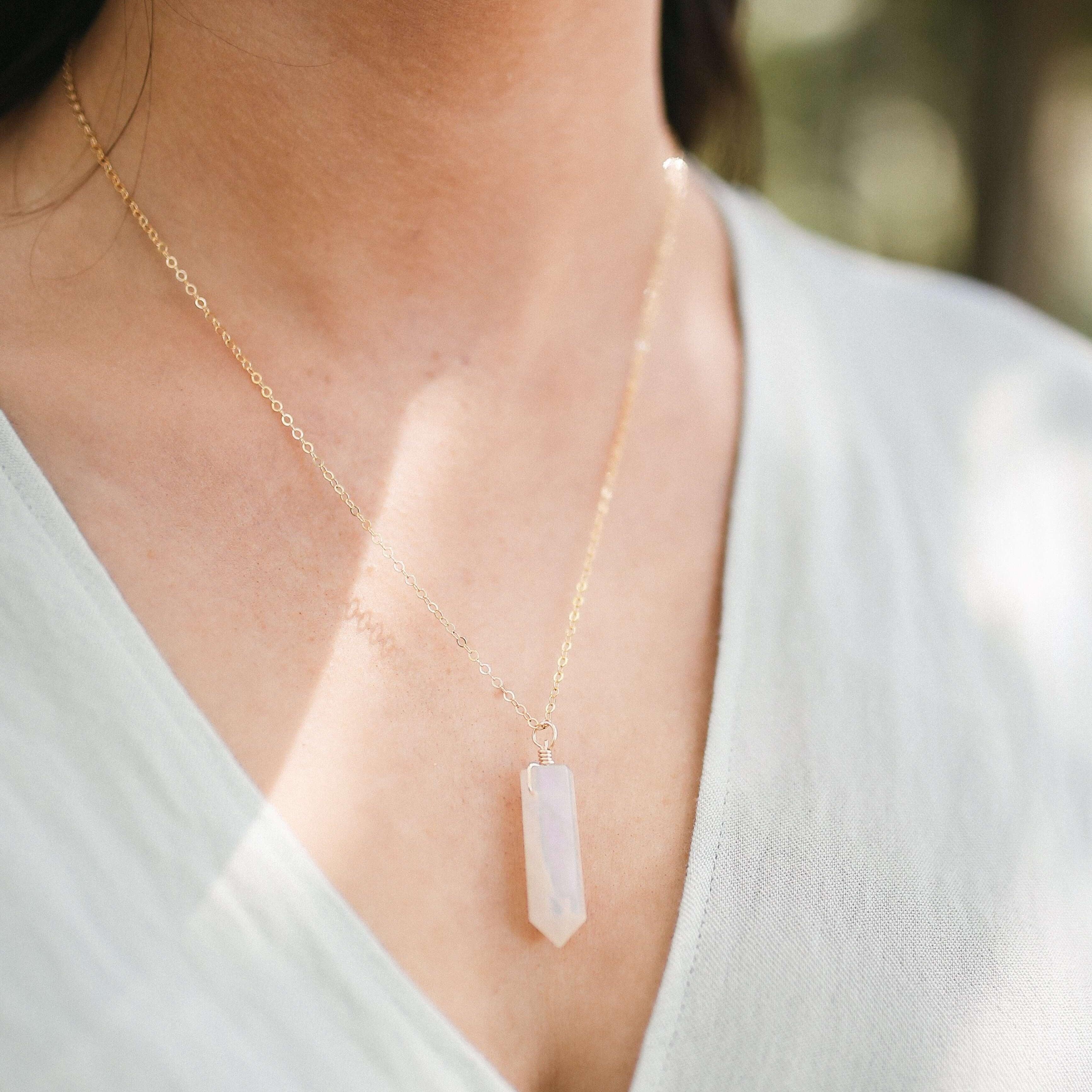 Rainbow Moonstone Crystal Generator Point Pendant Necklace - Rainbow Moonstone Crystal Generator Point Pendant Necklace - 14k Gold Fill / Cable - Luna Tide Handmade Crystal Jewellery