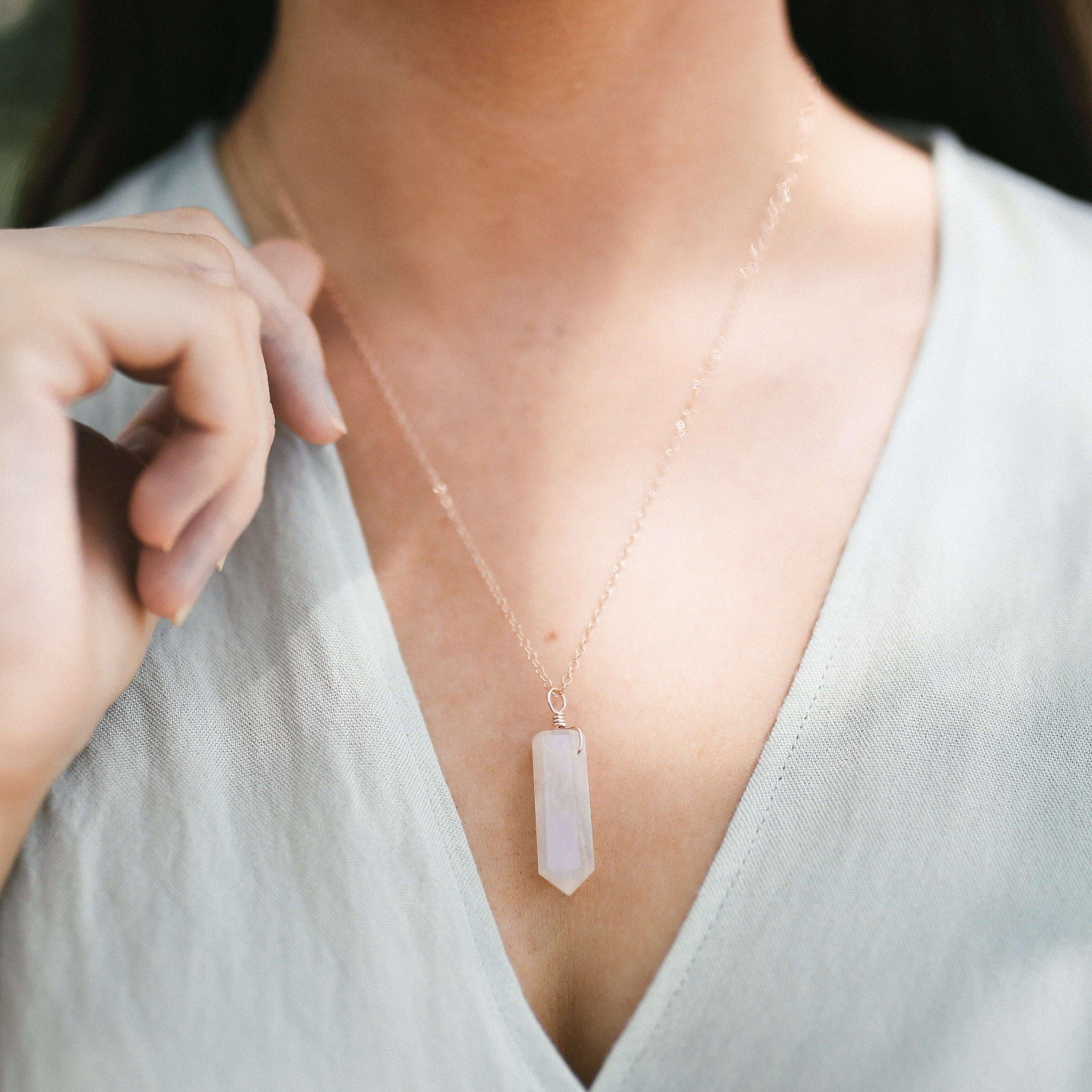 Rainbow Moonstone Crystal Generator Point Pendant Necklace - Rainbow Moonstone Crystal Generator Point Pendant Necklace - 14k Gold Fill / Cable - Luna Tide Handmade Crystal Jewellery