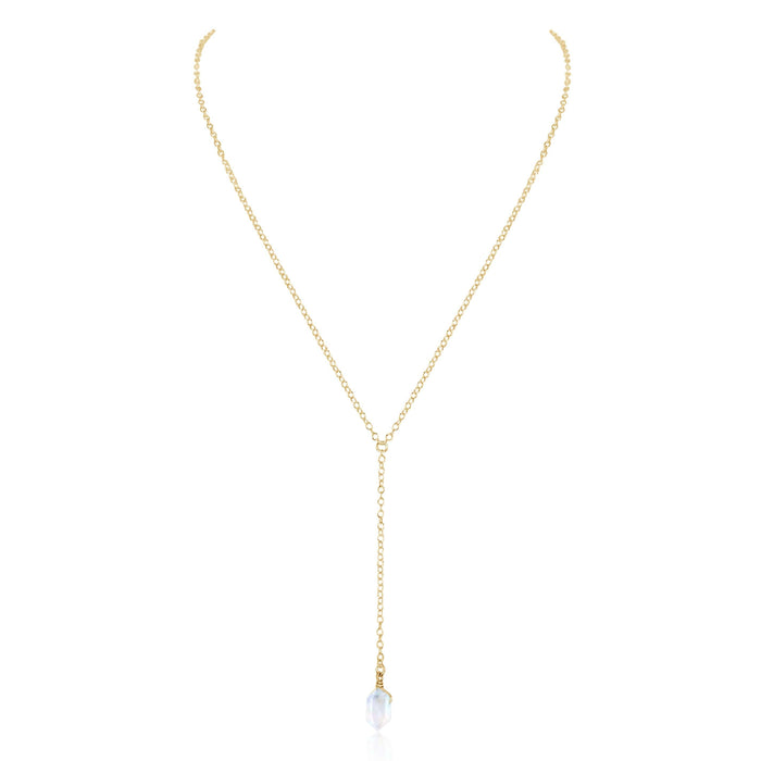Rainbow Moonstone Double Terminated Mini Crystal Point Lariat Necklace - Rainbow Moonstone Double Terminated Mini Crystal Point Lariat Necklace - 14k Gold Fill - Luna Tide Handmade Crystal Jewellery
