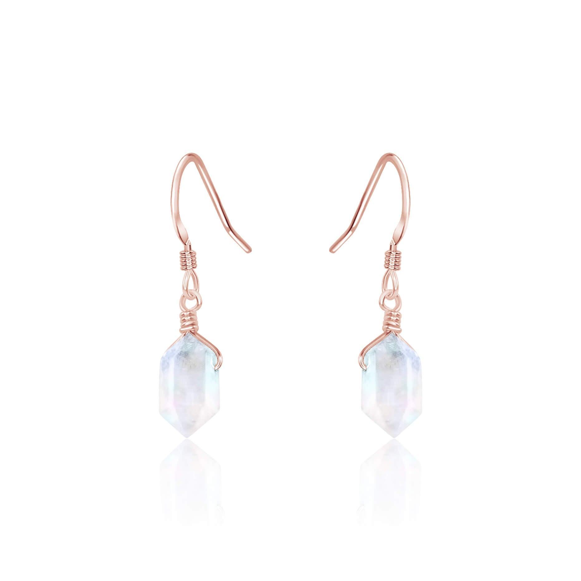 Rainbow Moonstone Mini Double Terminated Crystal Point Dangle Drop Earrings - Rainbow Moonstone Mini Double Terminated Crystal Point Dangle Drop Earrings - 14k Rose Gold Fill - Luna Tide Handmade Crystal Jewellery